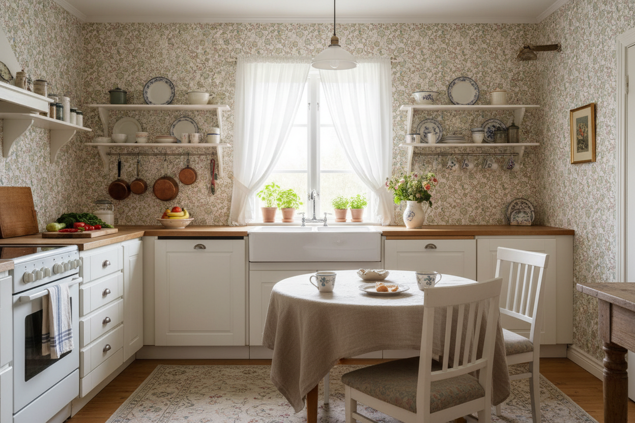 Epiphany - Creme ljus - Romantisk tapet med fåglar och blommor