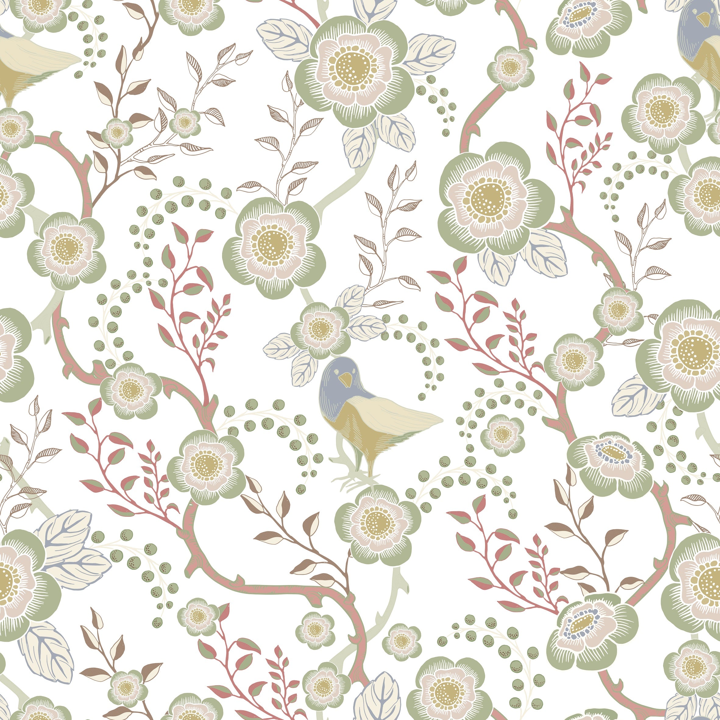 Epiphany - Creme ljus - Romantisk tapet med fåglar och blommor