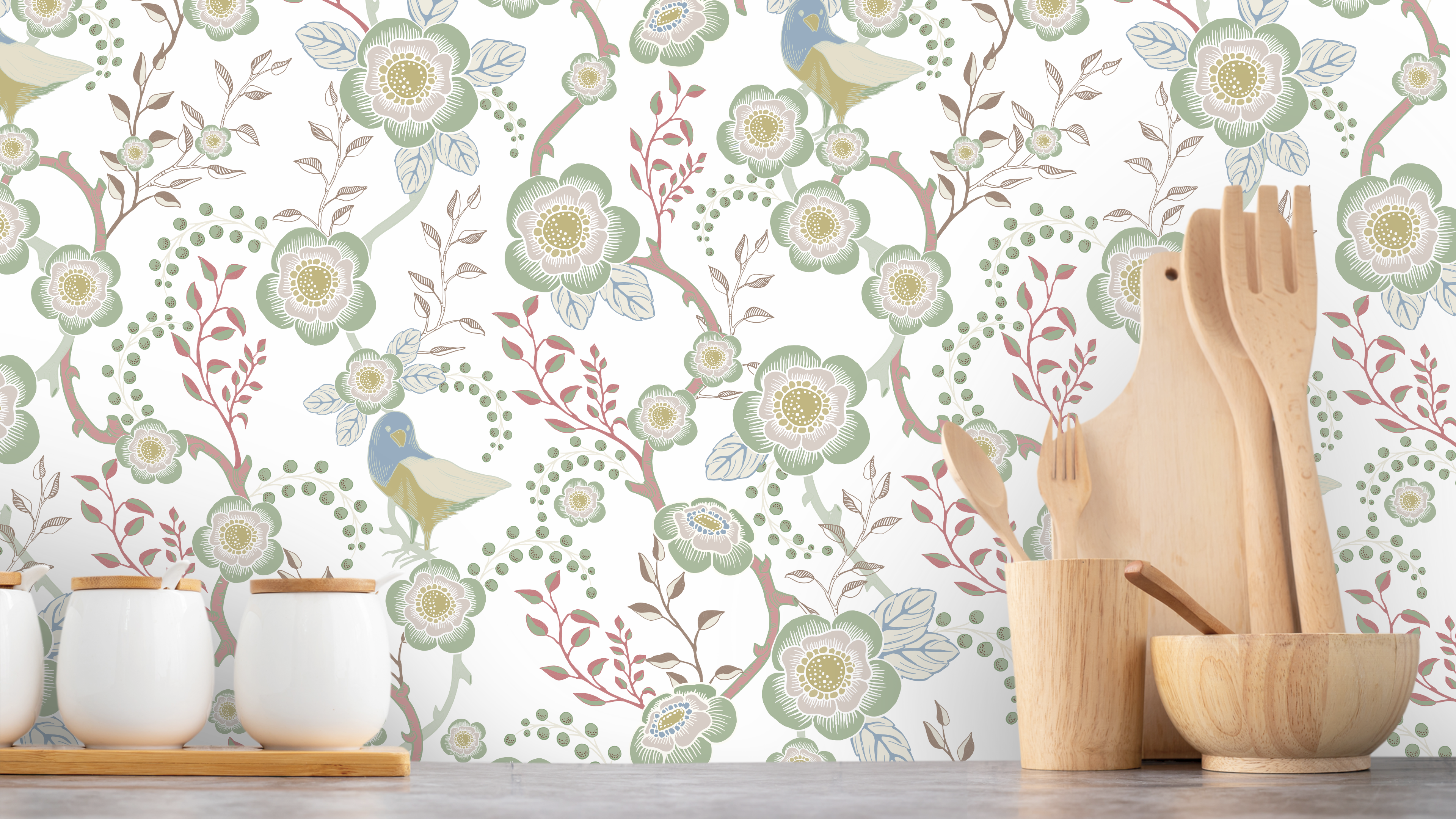 Reval Wallpaper Epiphany - Creme ljus - Romantisk tapet med fåglar och blommor – högkvalitativ tapet för en personlig och ...