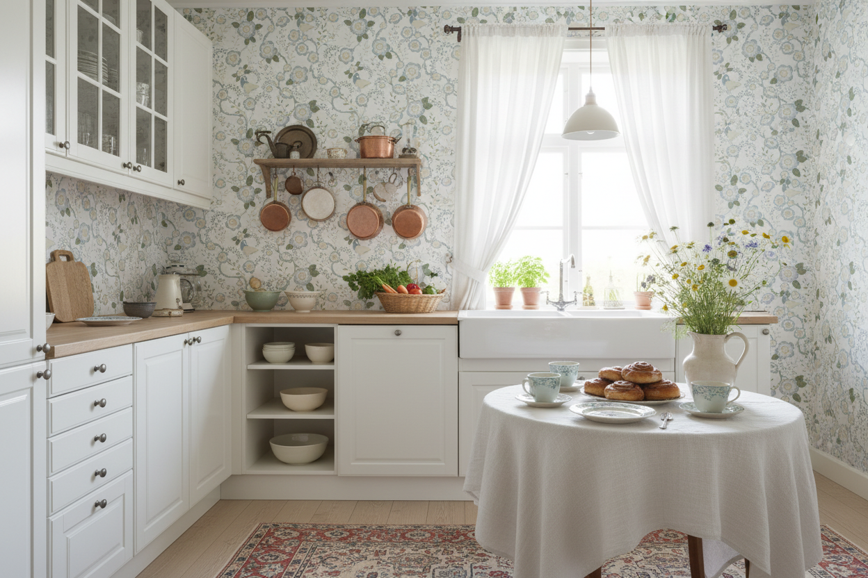 Reval Wallpaper Epiphany - Creme grön - Romantisk tapet med fåglar och blommor – högkvalitativ tapet för en personlig och ...