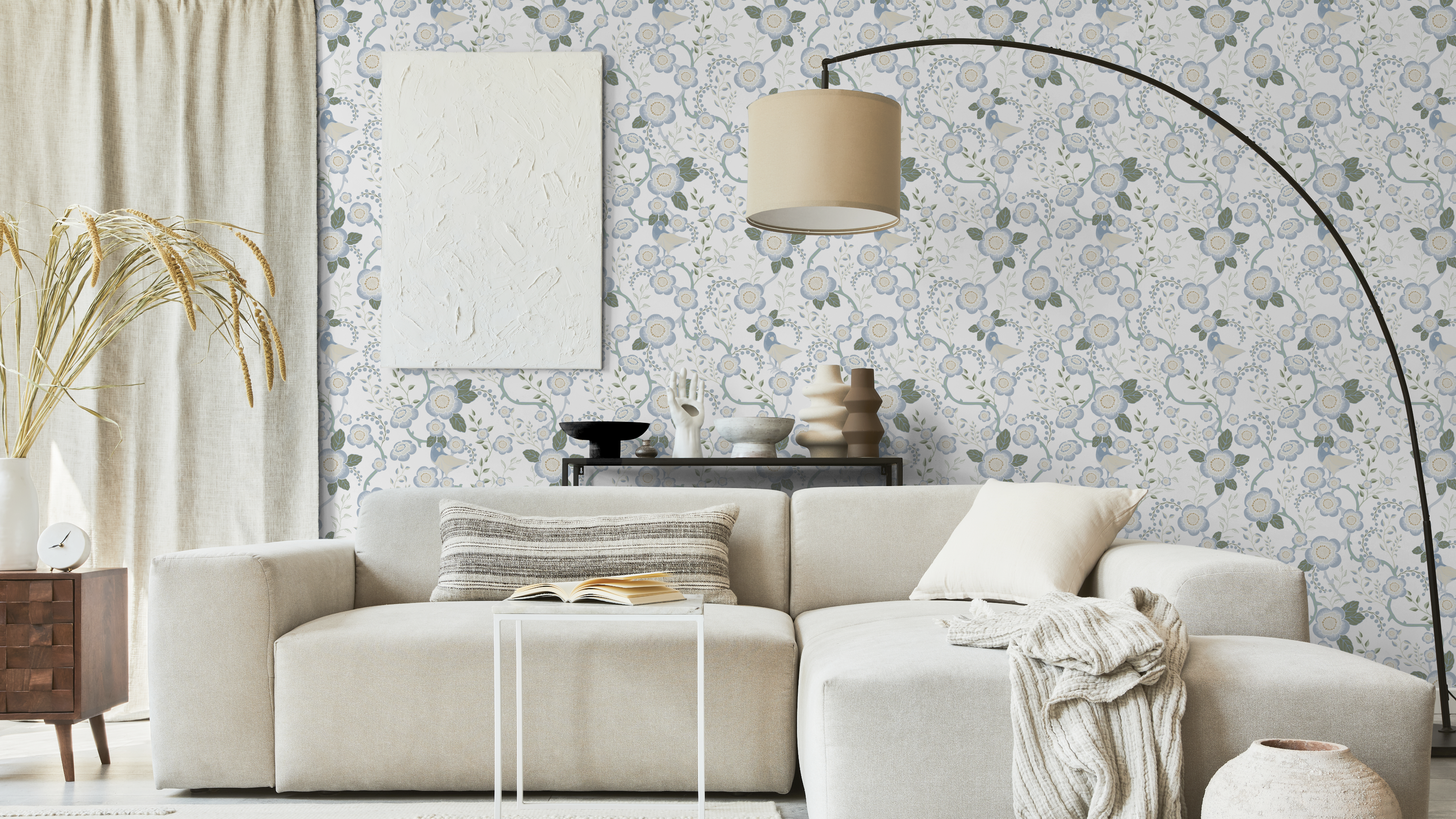 Reval Wallpaper Epiphany - Creme grön - Romantisk tapet med fåglar och blommor – högkvalitativ tapet för en personlig och ...