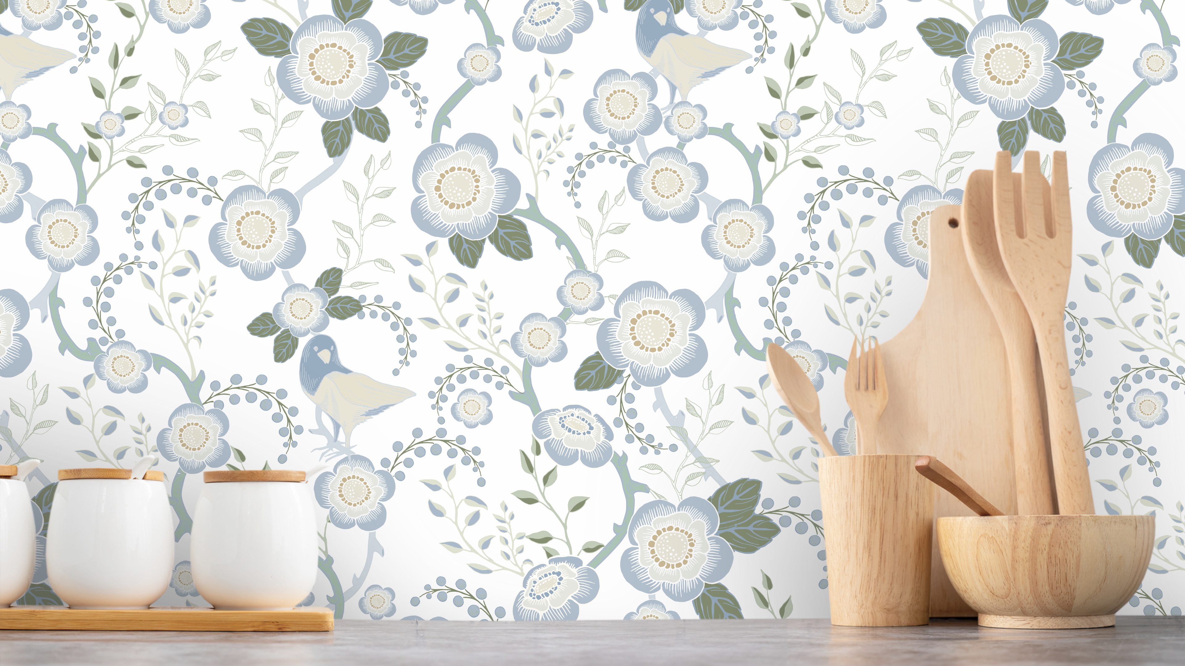 Reval Wallpaper Epiphany - Creme grön - Romantisk tapet med fåglar och blommor – högkvalitativ tapet för en personlig och ...