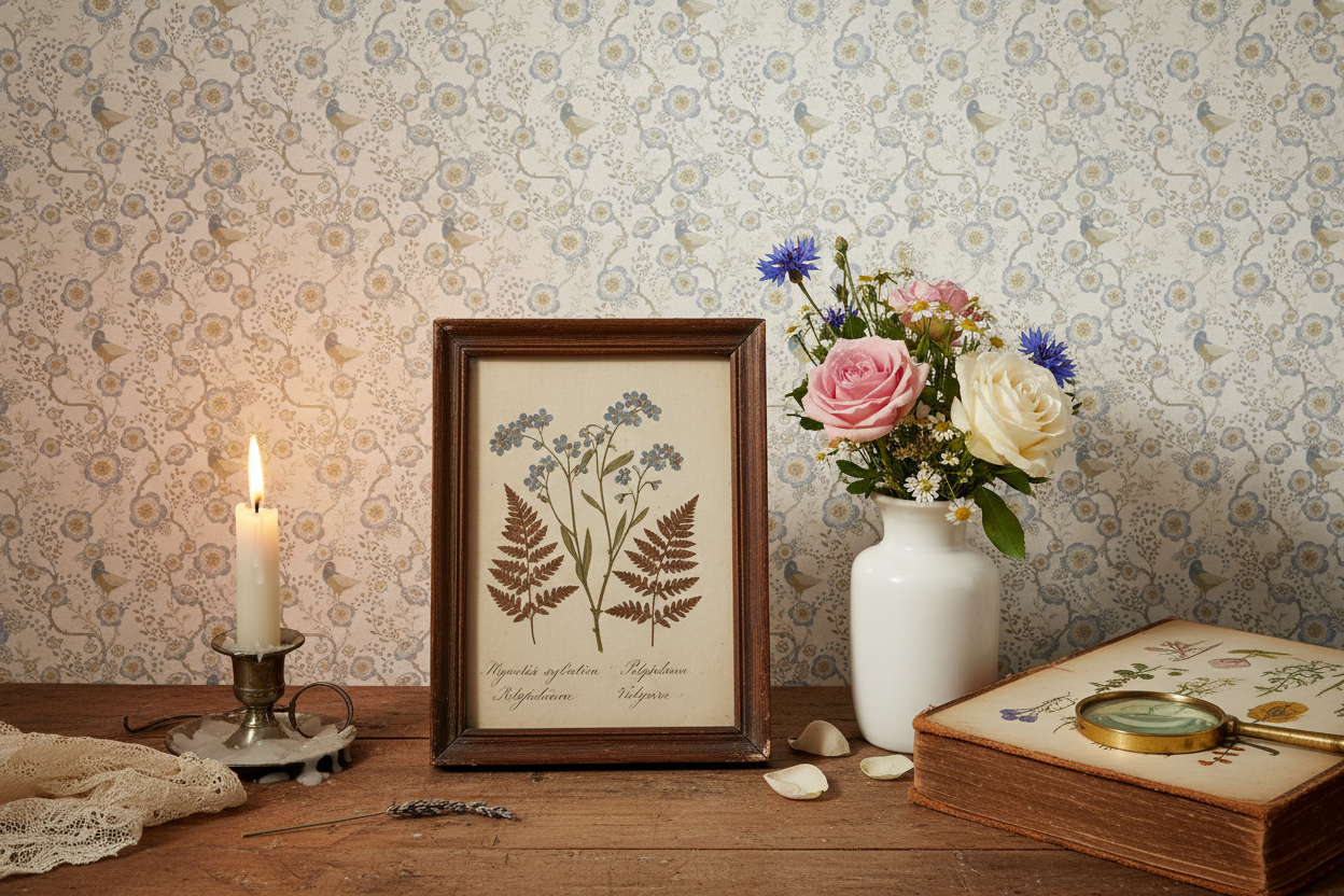 Epiphany - Ljusblå - Romantisk tapet med fåglar och blommor