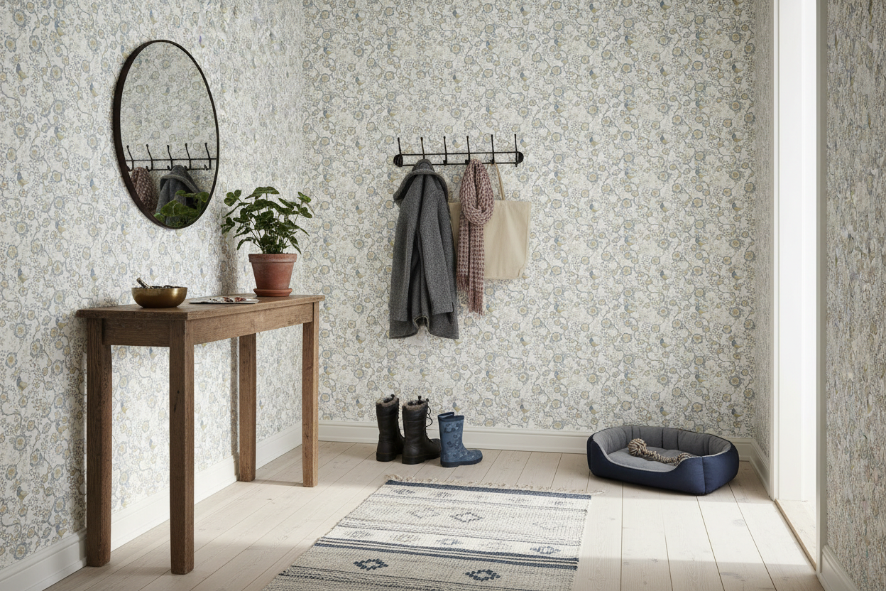 Epiphany - Ljusblå - Romantisk tapet med fåglar och blommor