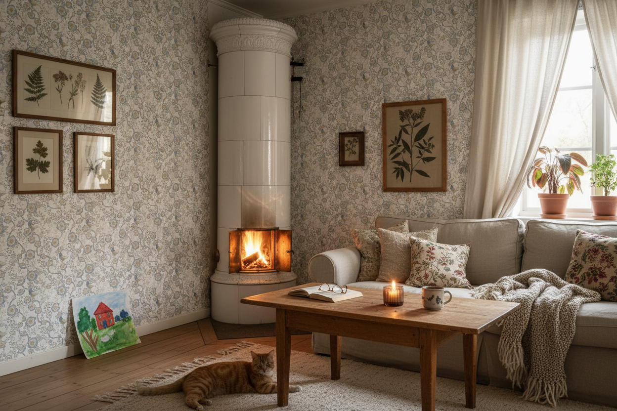 Epiphany - Ljusblå - Romantisk tapet med fåglar och blommor