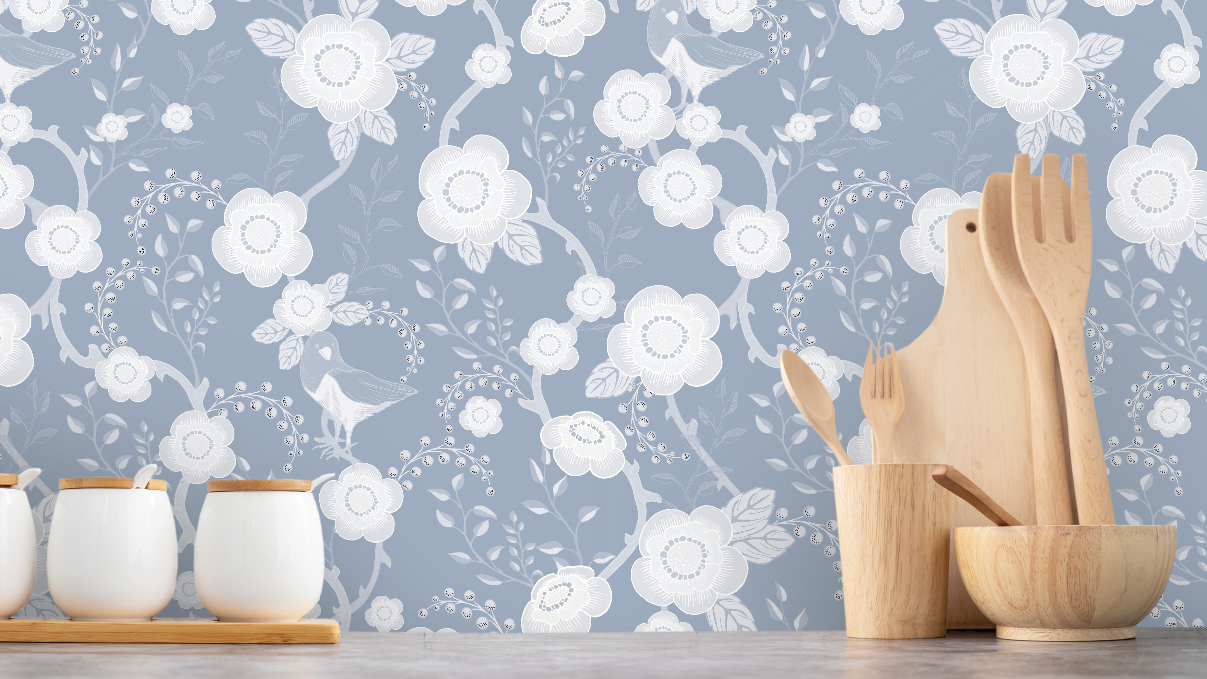 Reval Wallpaper Epiphany - Bly - Romantisk tapet med fåglar och blommor – högkvalitativ tapet för en personlig och harmoni...