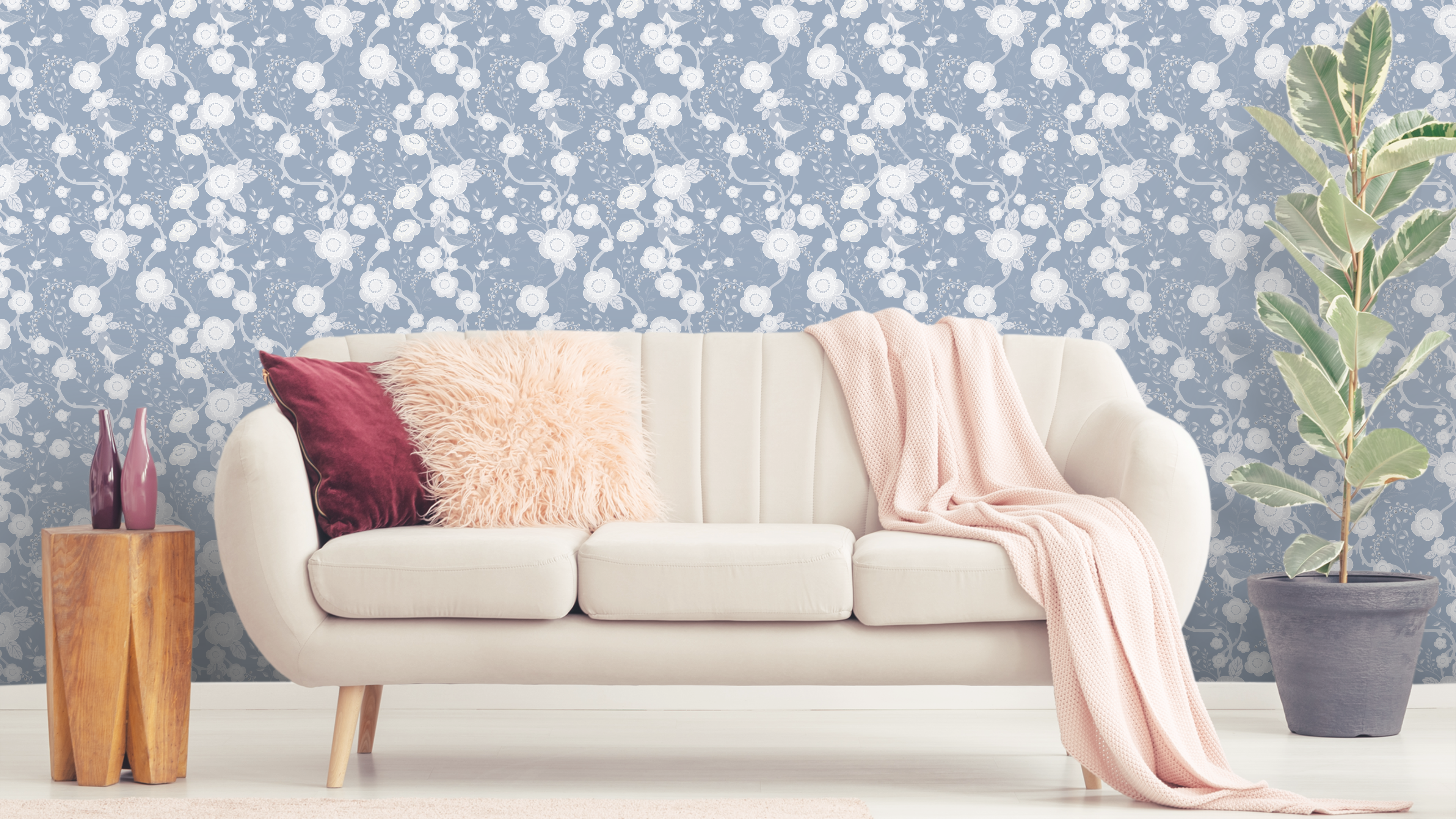 Reval Wallpaper Epiphany - Bly - Romantisk tapet med fåglar och blommor – högkvalitativ tapet för en personlig och harmoni...