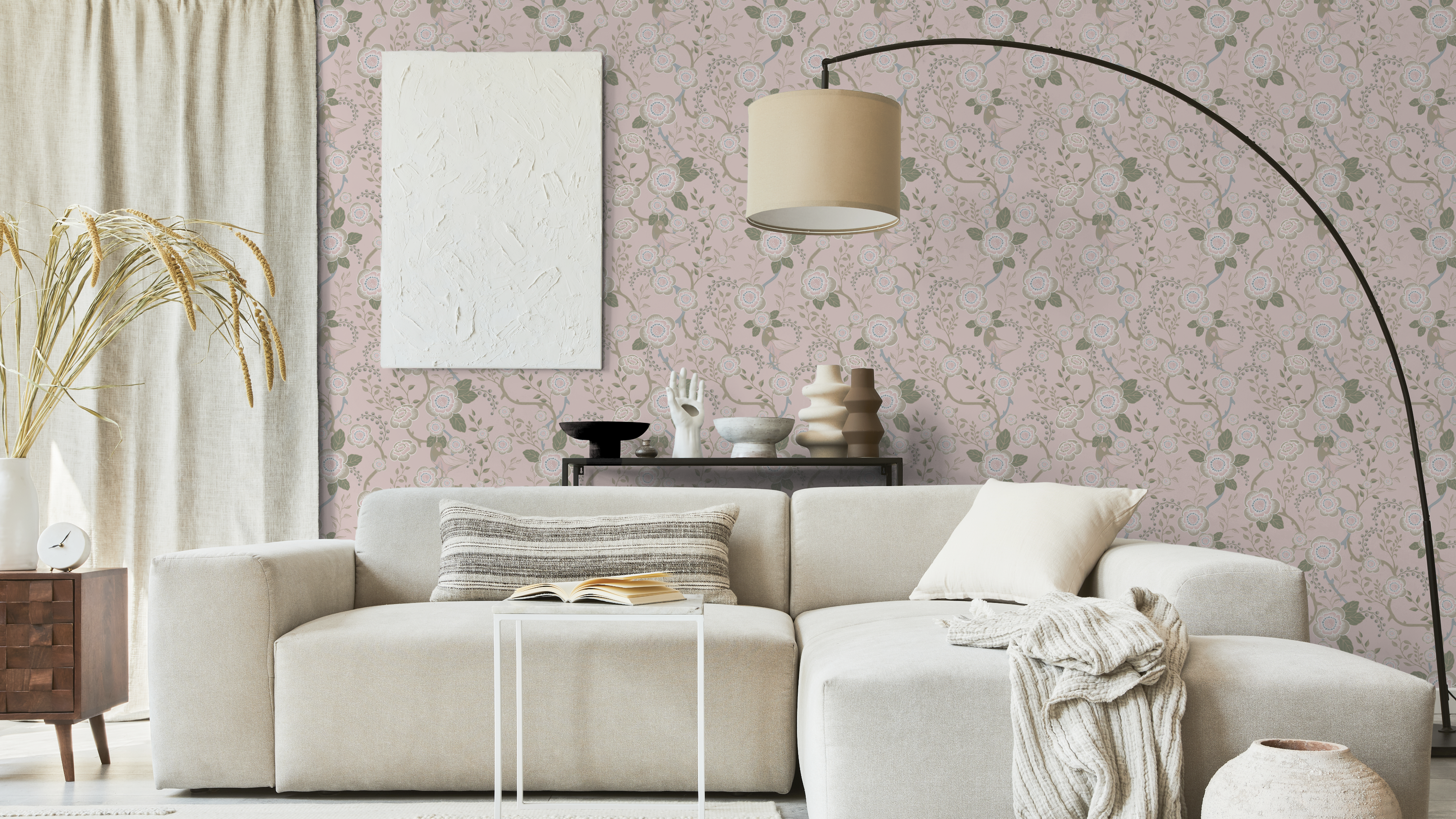 Reval Wallpaper Epiphany - Ljusrosa - Romantisk tapet med fåglar och blommor – högkvalitativ tapet för en personlig och ha...