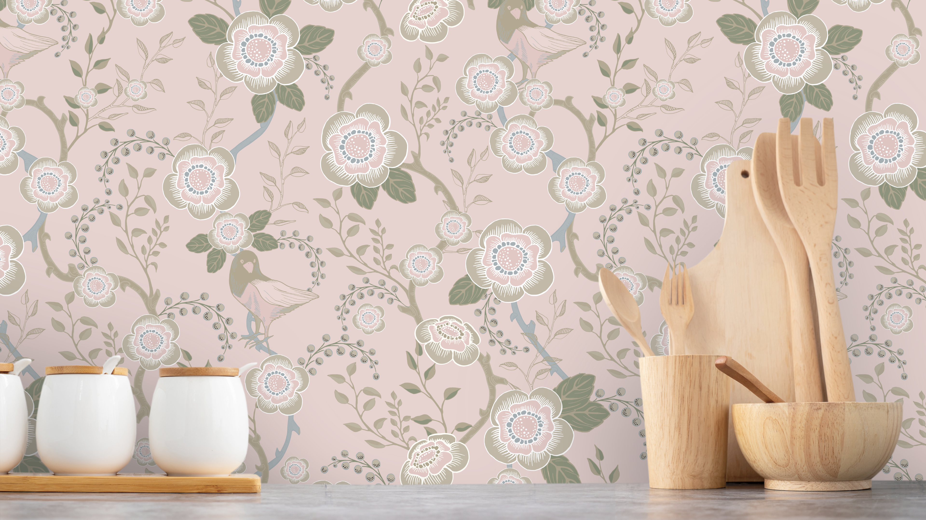 Reval Wallpaper Epiphany - Ljusrosa - Romantisk tapet med fåglar och blommor – högkvalitativ tapet för en personlig och ha...