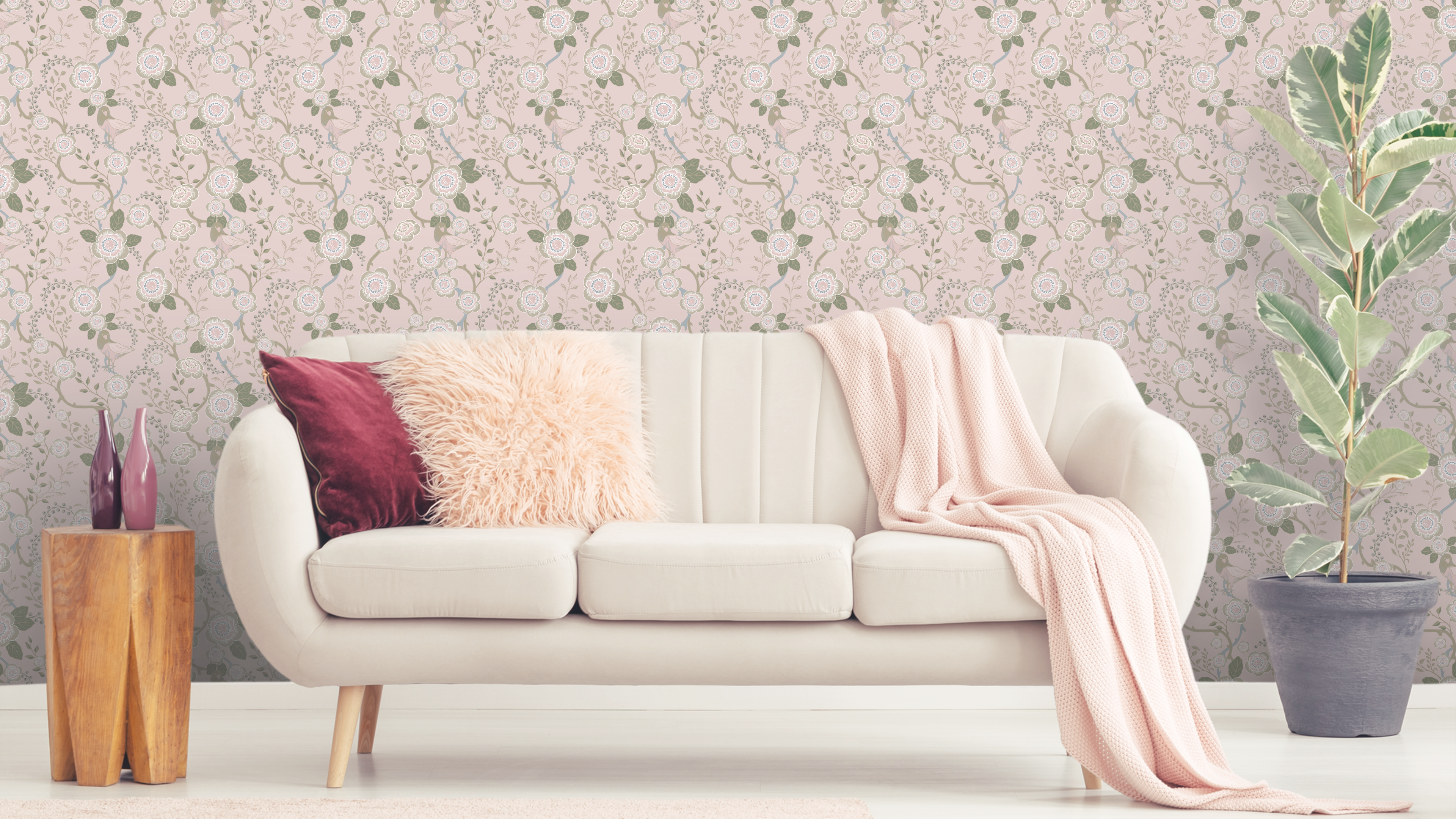 Reval Wallpaper Epiphany - Ljusrosa - Romantisk tapet med fåglar och blommor – högkvalitativ tapet för en personlig och ha...