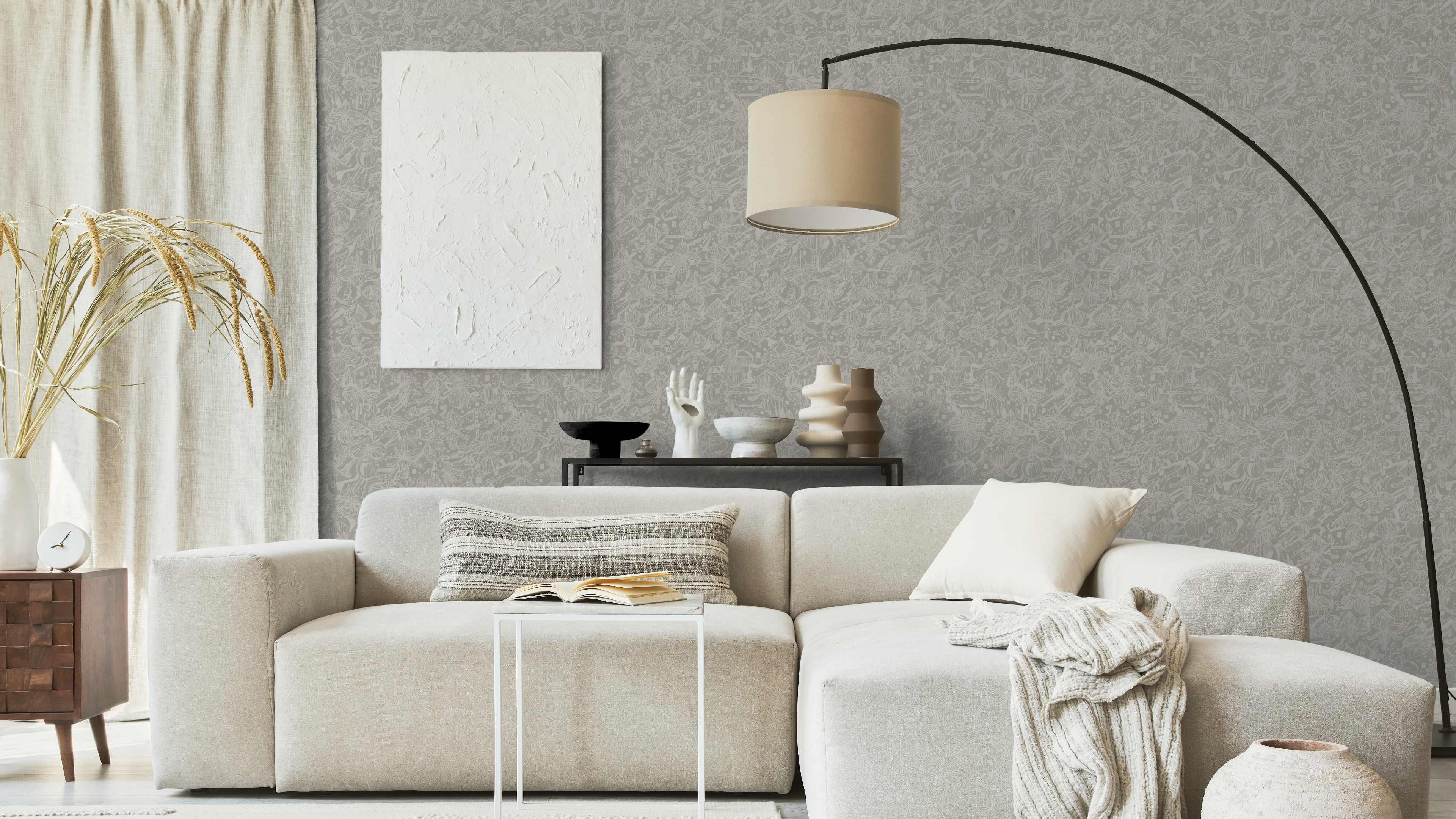 Orkidéblomster - Vitbeige - Koltecknad orkidétapet i beige