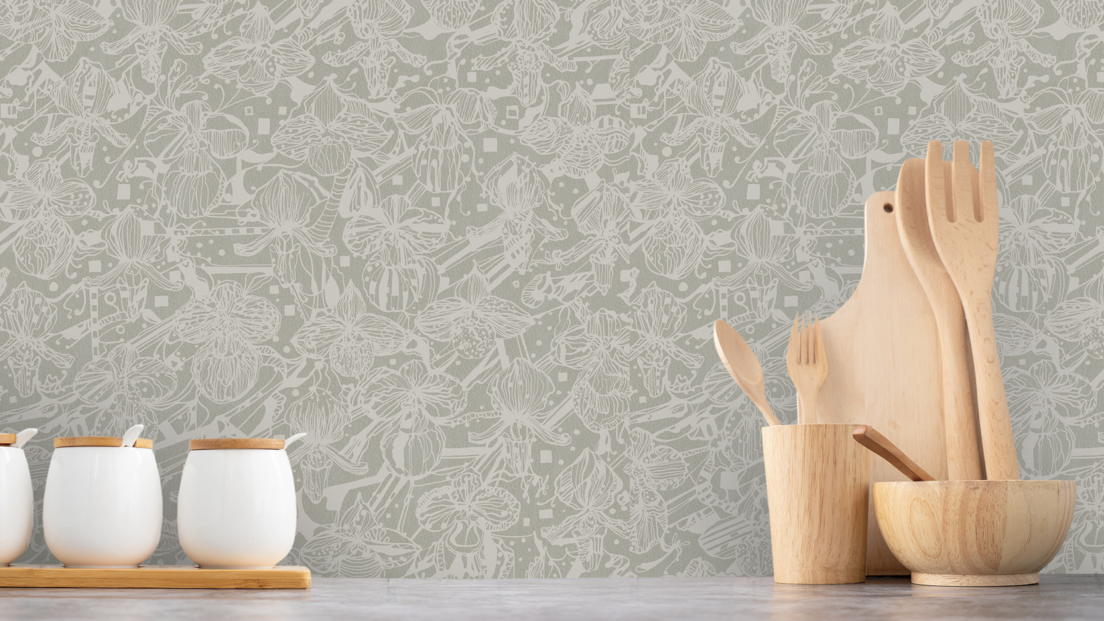 Orkidéblomster - Vitbeige - Koltecknad orkidétapet i beige