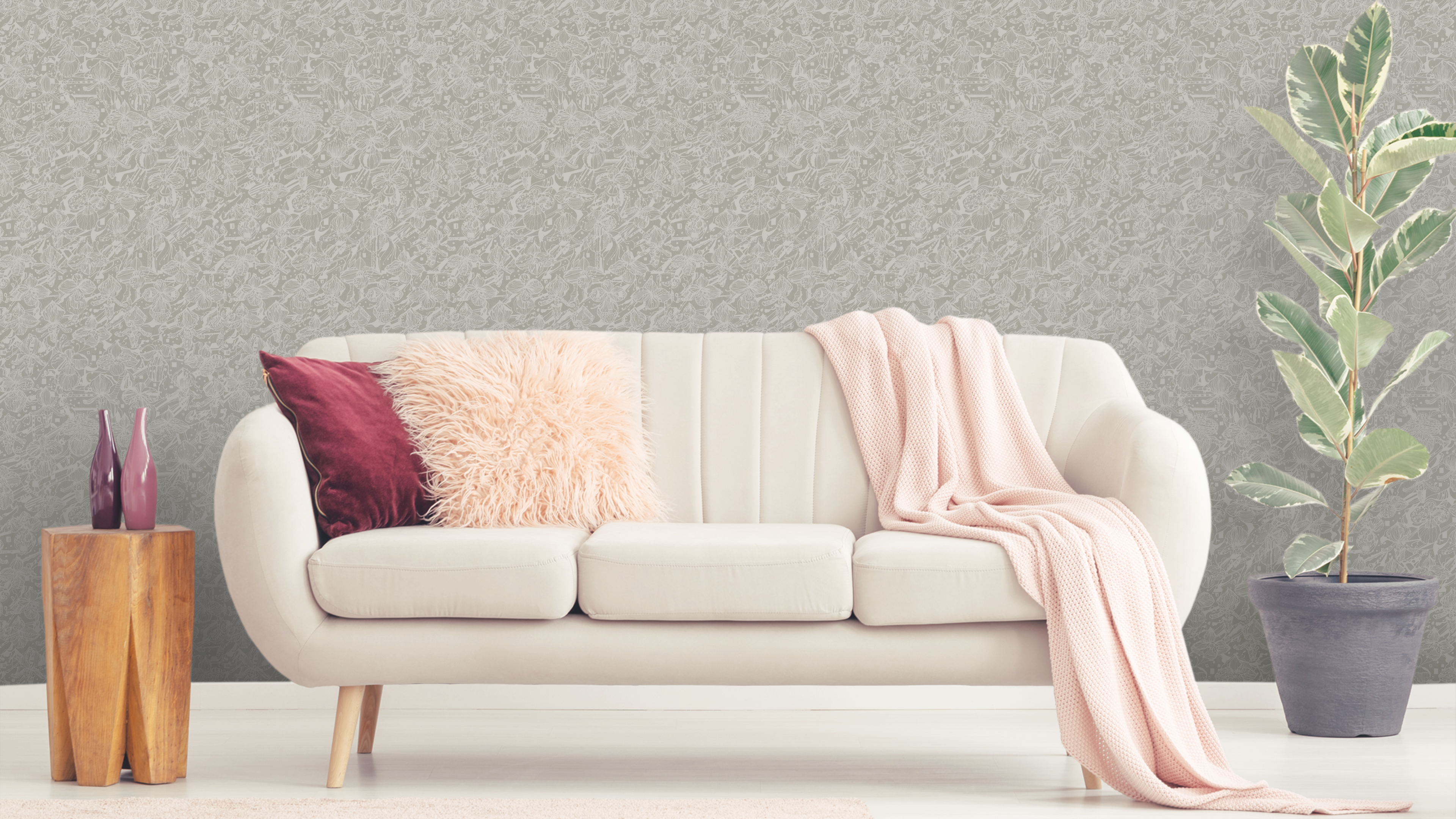 Orkidéblomster - Vitbeige - Koltecknad orkidétapet i beige