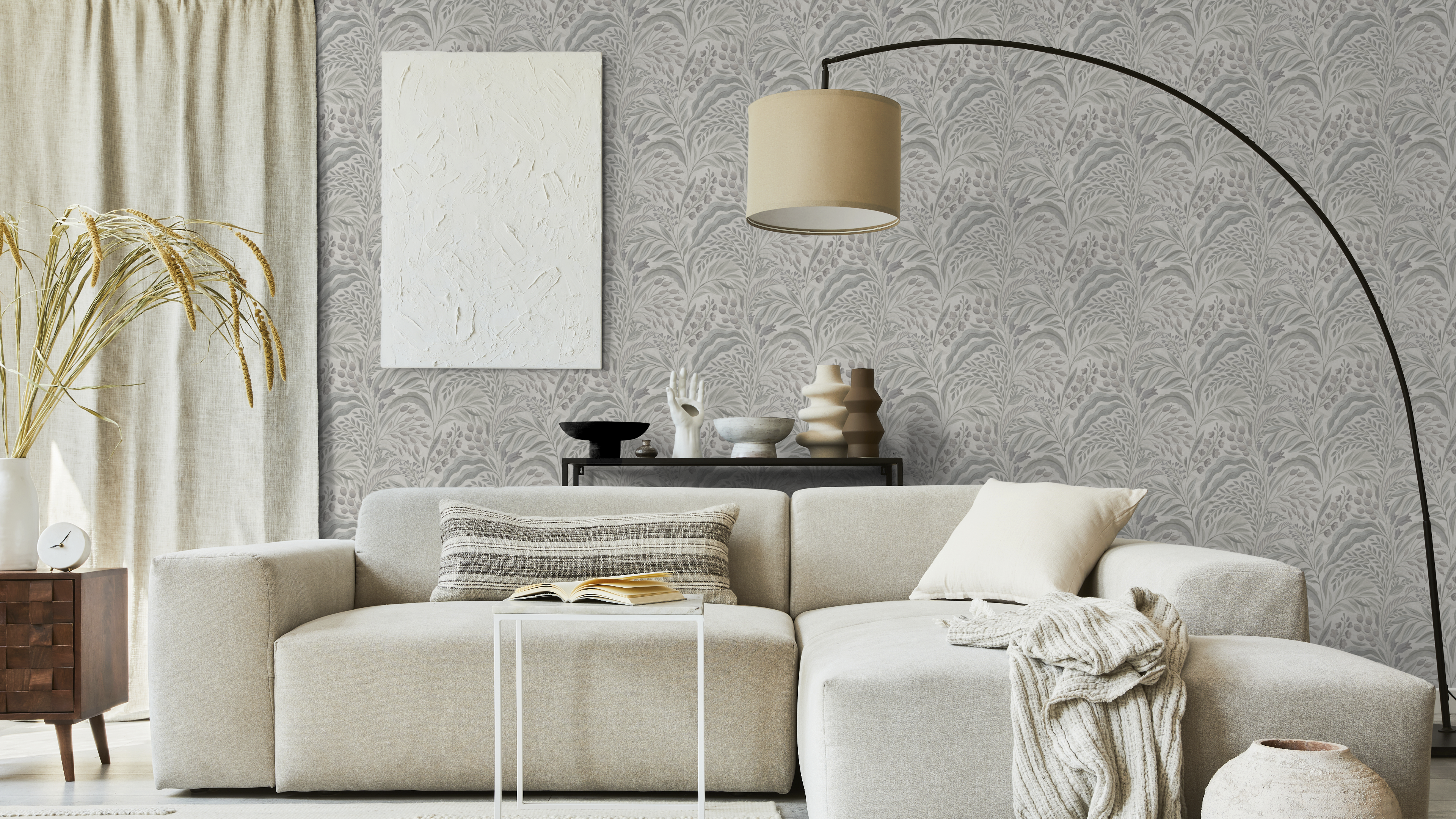 Growing Garden - Oyster - naturinspirerad tapet med botaniska motiv i mjuka grå-beige toner