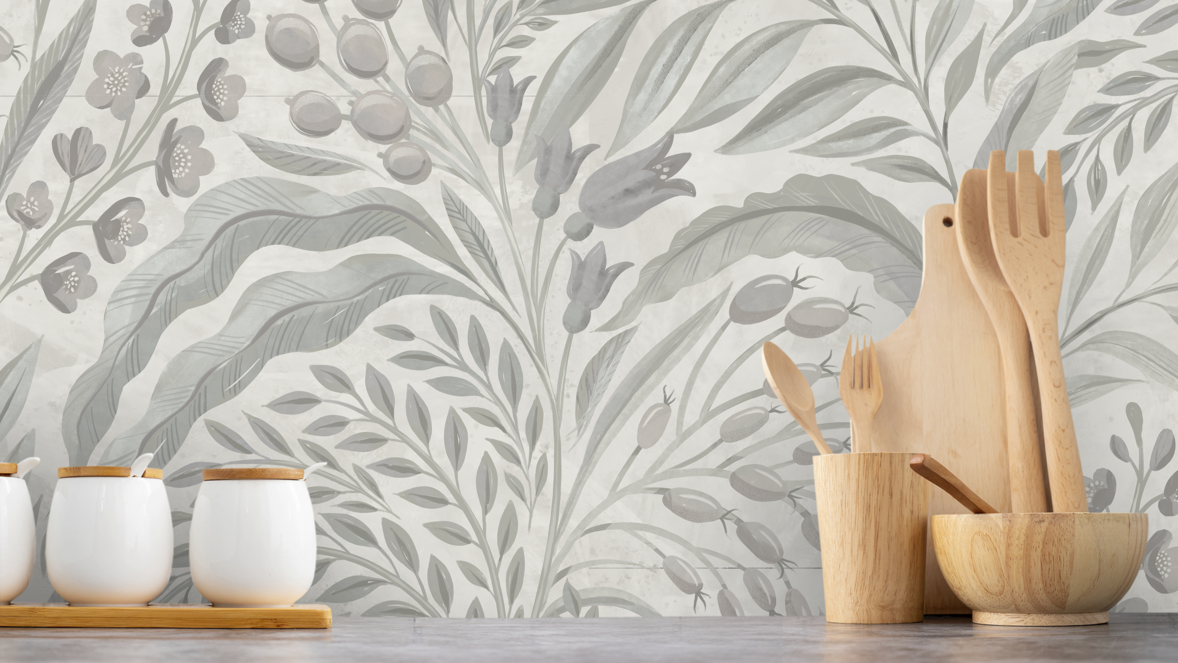 Growing Garden - Oyster - naturinspirerad tapet med botaniska motiv i mjuka grå-beige toner