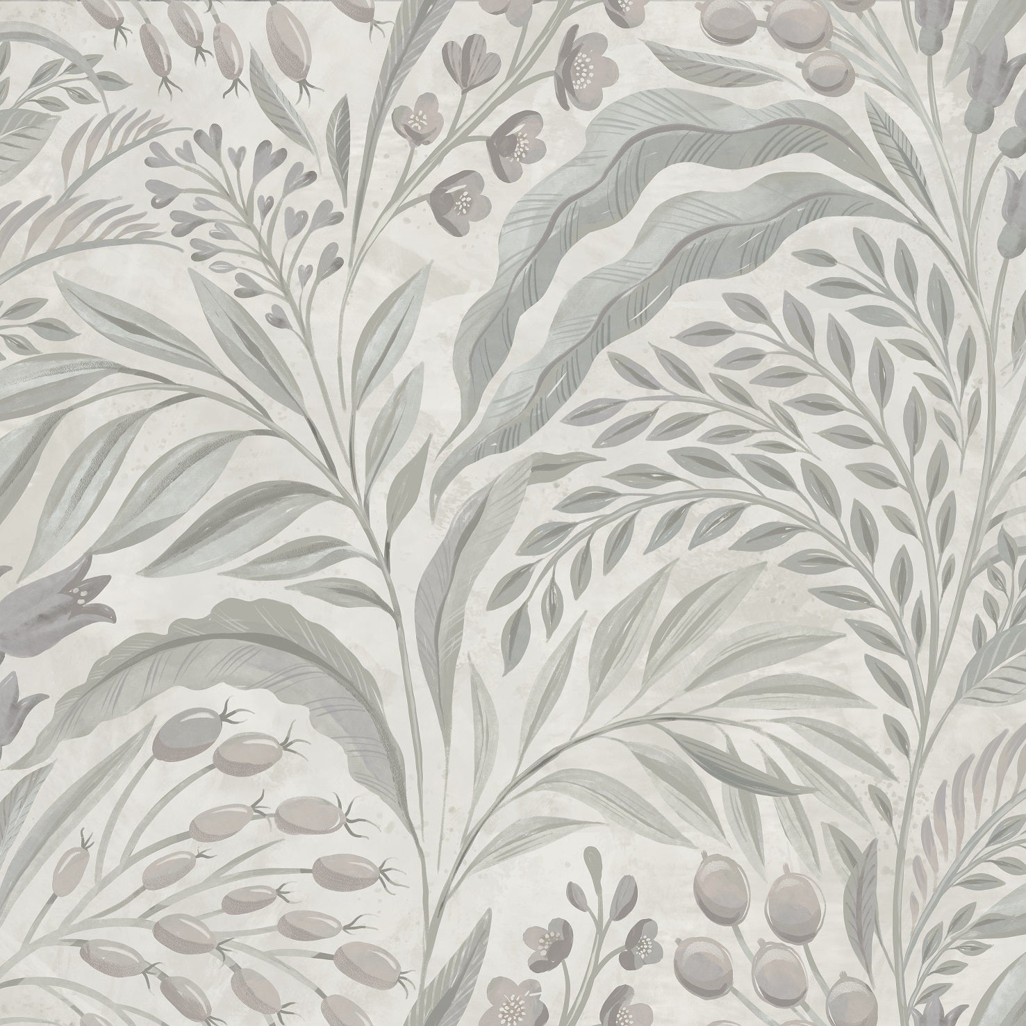 Growing Garden - Oyster - naturinspirerad tapet med botaniska motiv i mjuka grå-beige toner
