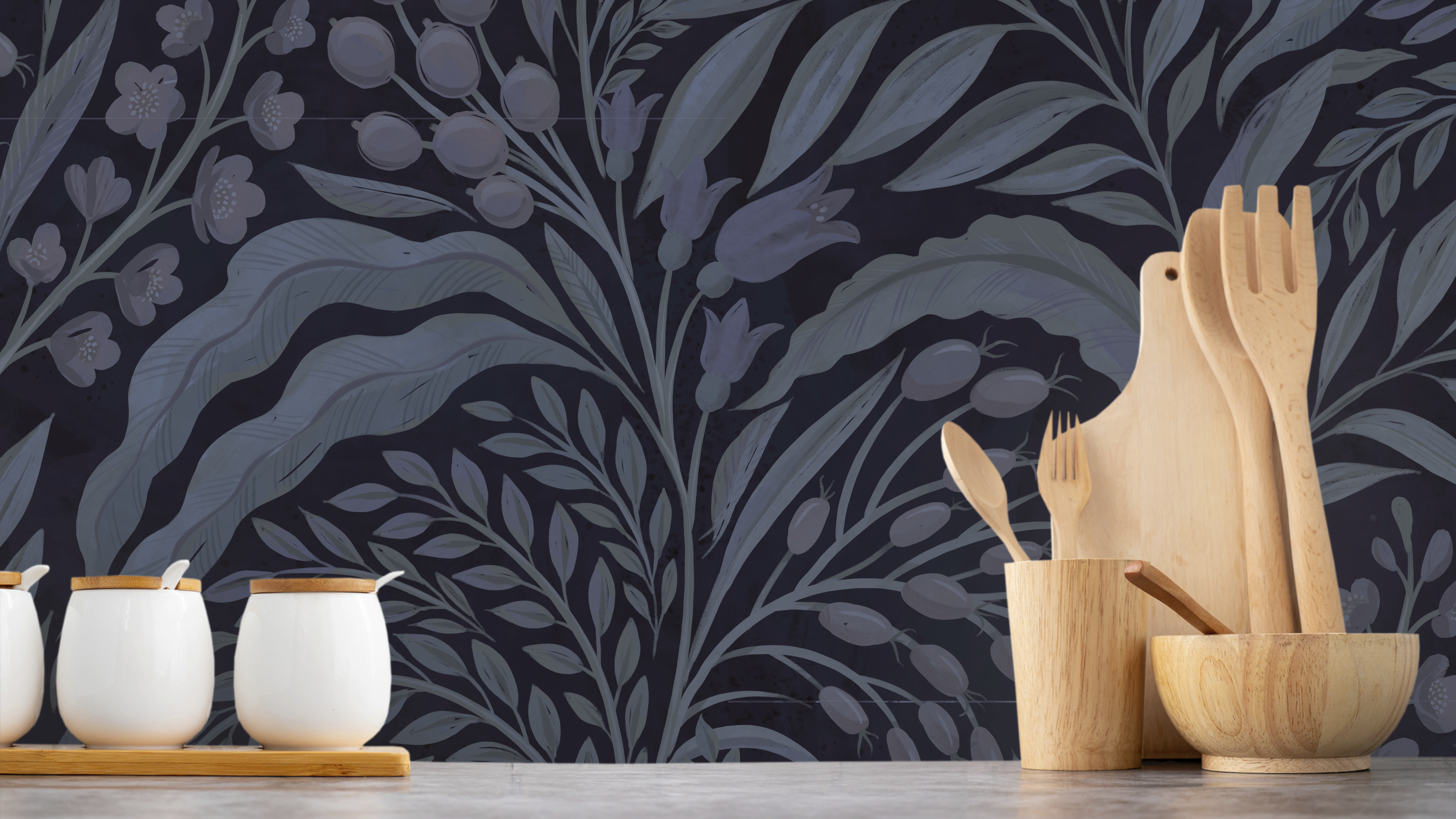 Growing Garden - Blue dusk - Handmålad tapet med naturmotiv