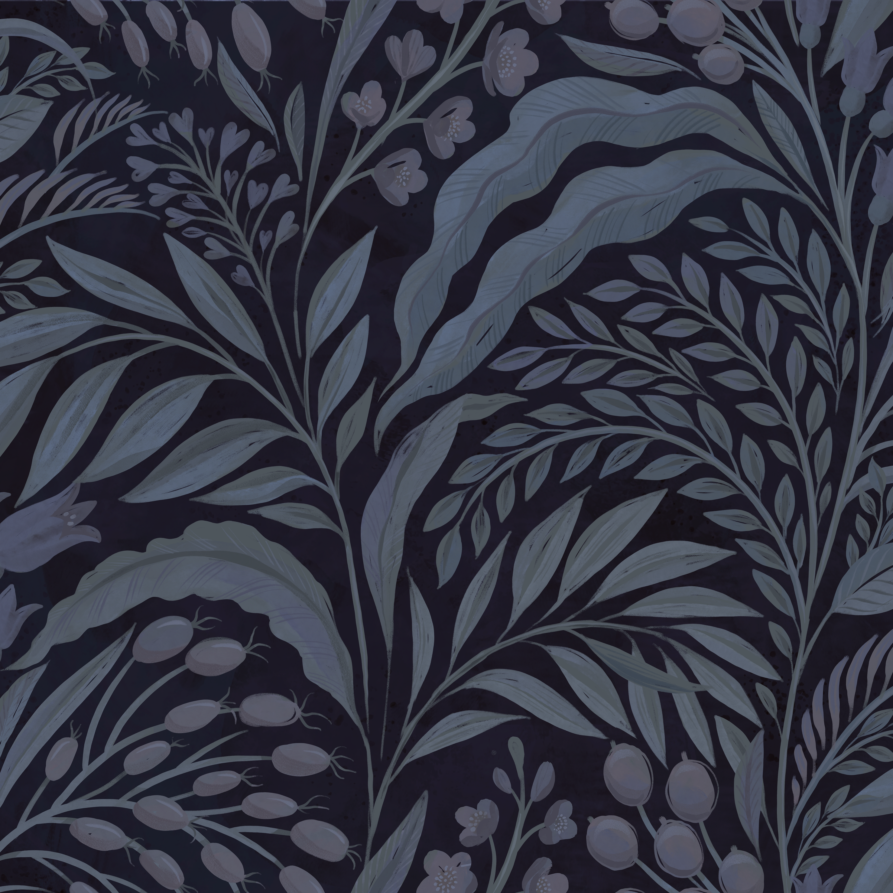 Growing Garden - Blue dusk - Handmålad tapet med naturmotiv