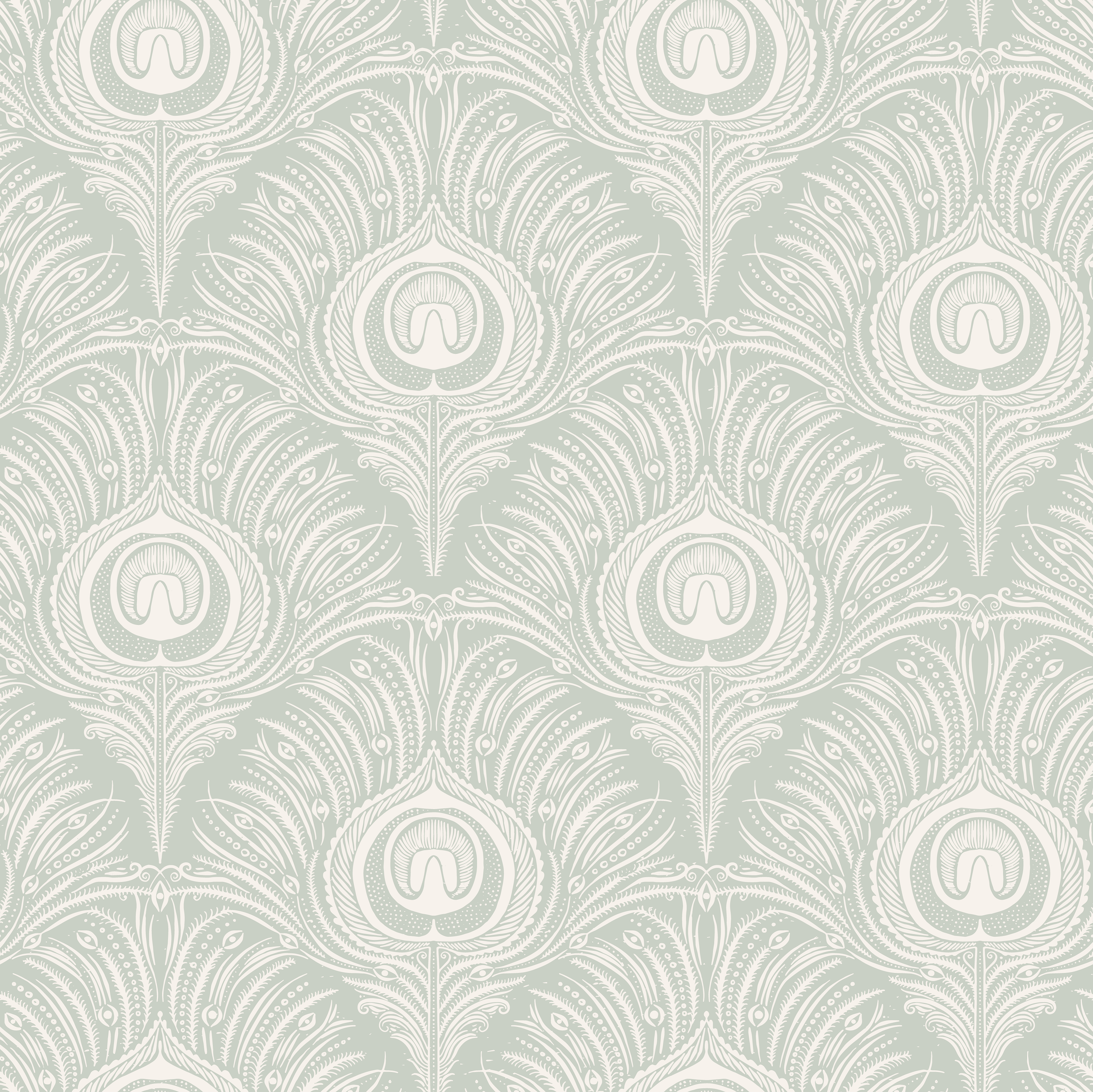 Peacock Plume Damask - Sage Green - Lugn grön tapet med påfågelsfjädermönster