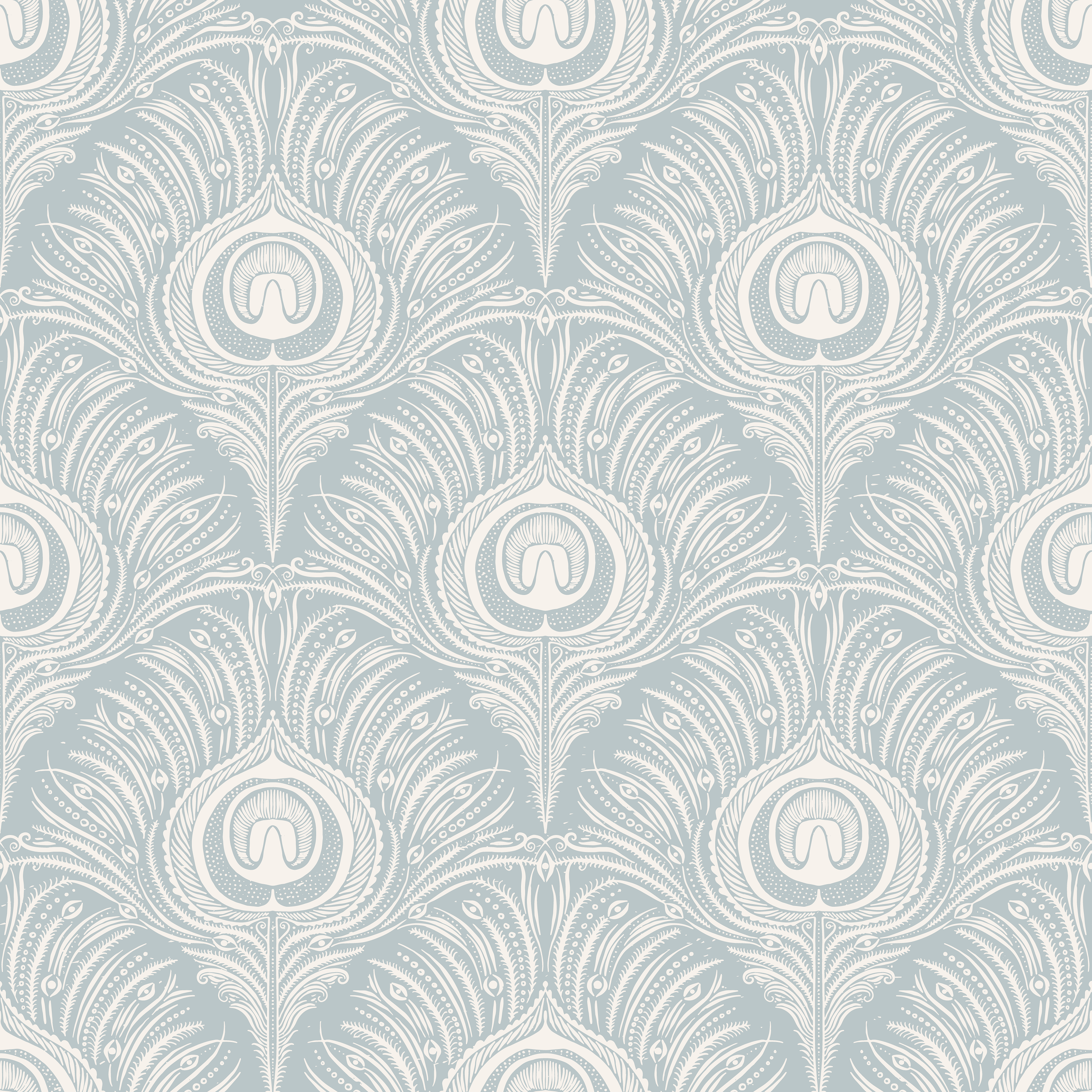 Peacock Plume Damask-Indigo Light - Elegant blå tapet med påfågelsfjädermönster