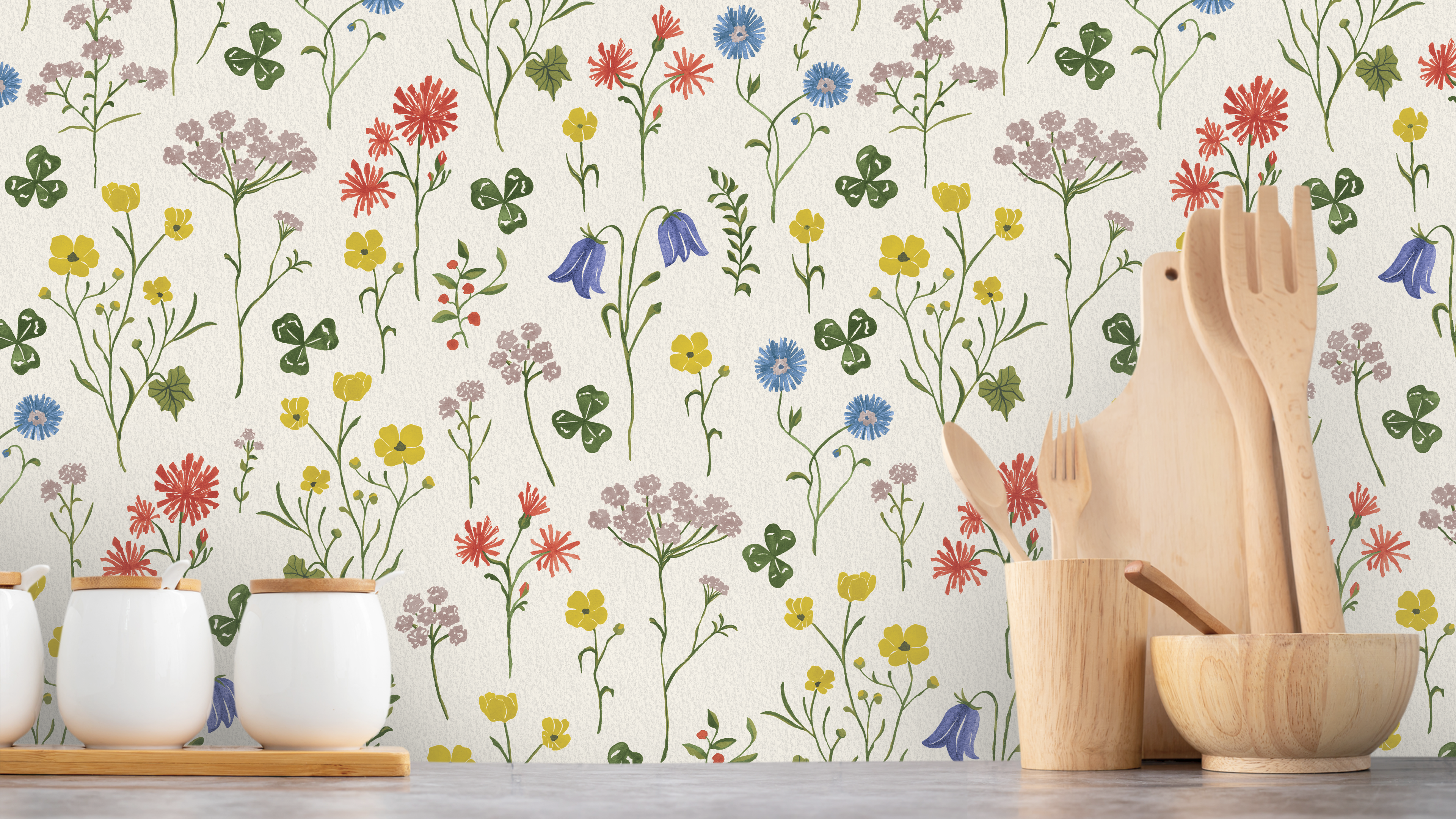 Sommaräng Sommar - Ljus tapet med vilda blommor i minimalistisk design