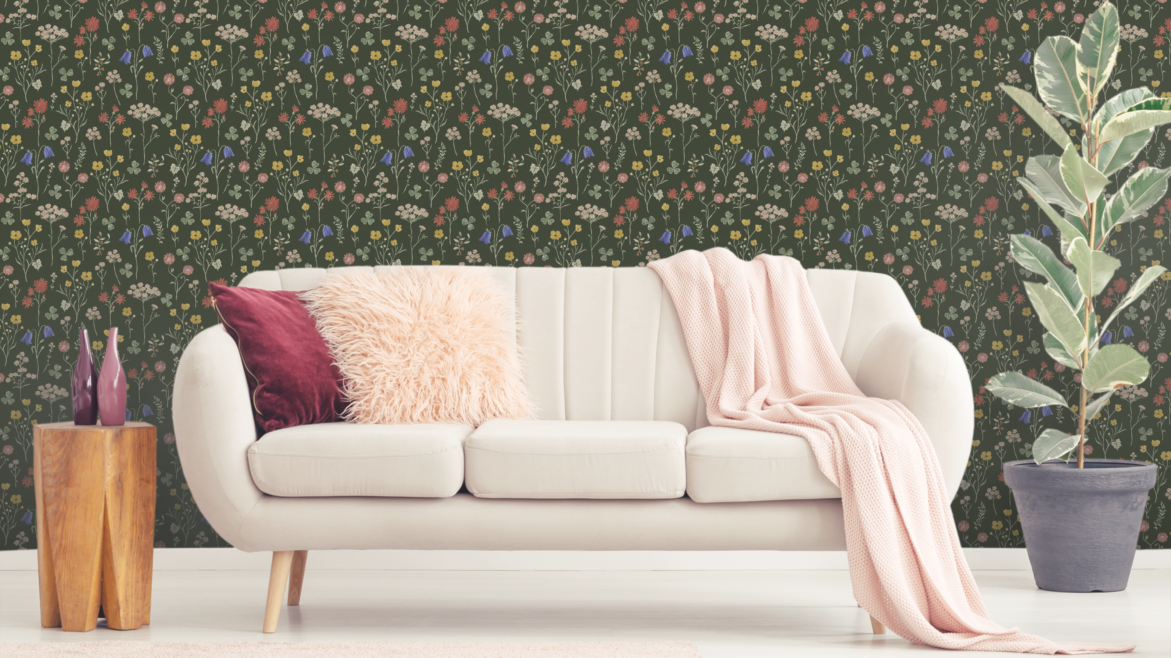 Sommaräng - Mossgrön – Naturlig tapet med vilda blommor i djupa gröna toner