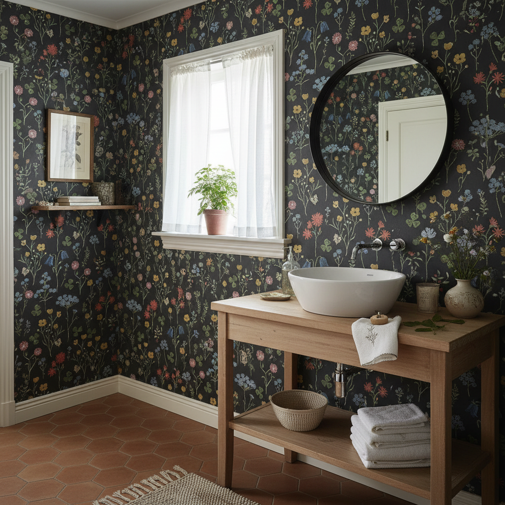 Sommaräng - Midnattsblå – Elegant tapet med vilda blommor i djupa blå toner