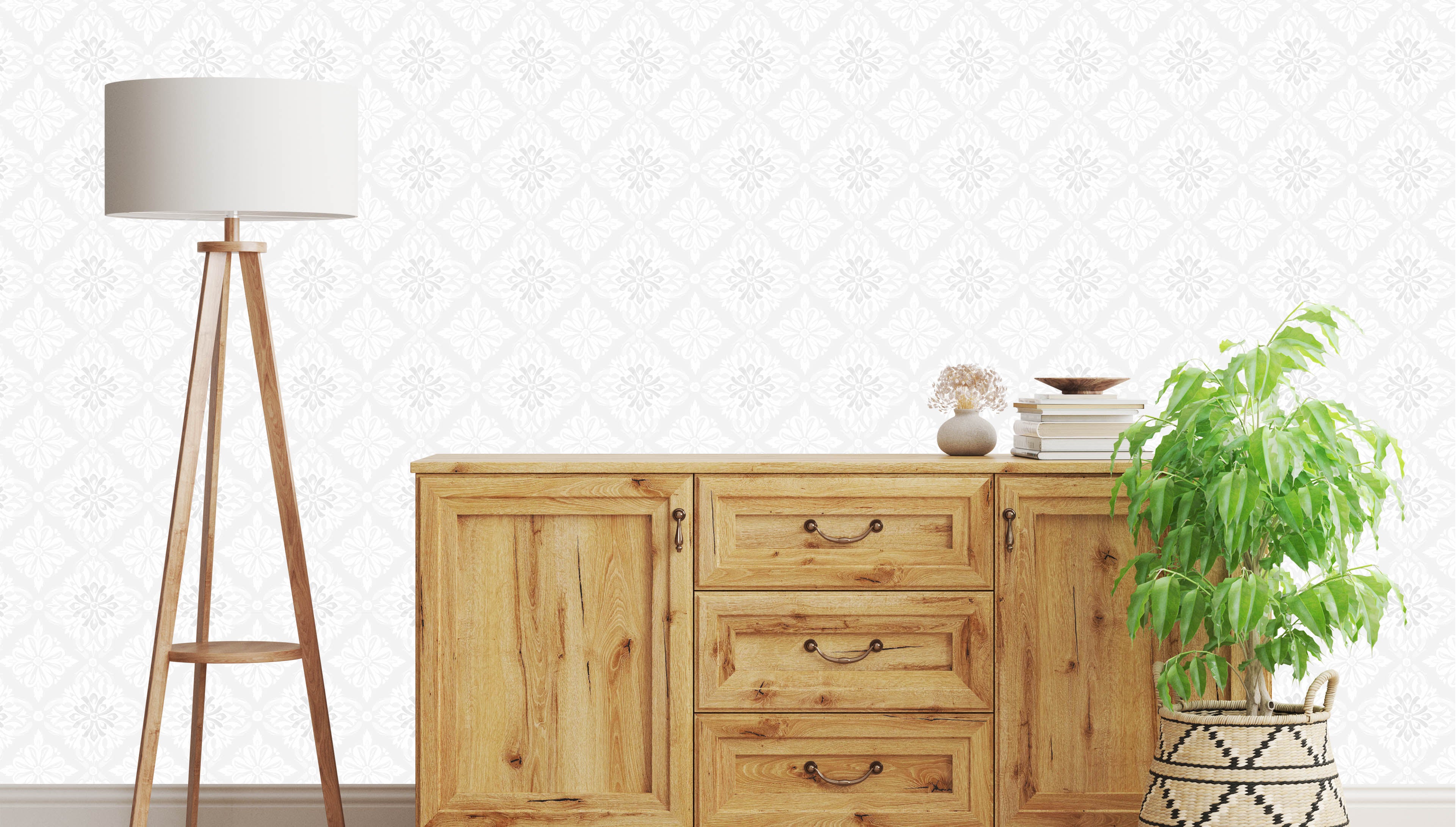 Marielund - Vit-grå - Klassisk medaljongmönstrad tapet med tidlös elegans