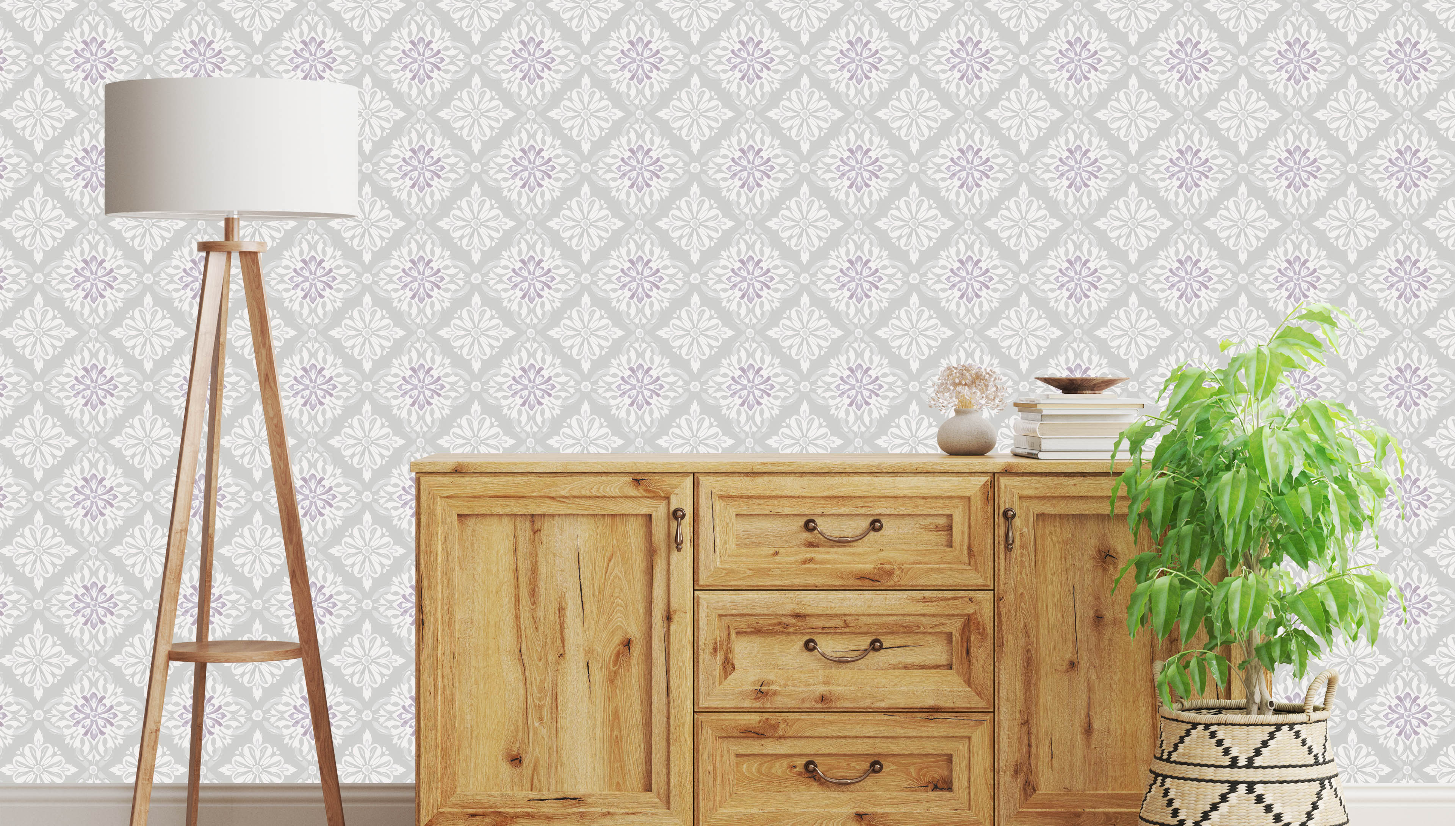 Marielund - Grön-lila - Klassisk medaljongmönstrad tapet med tidlös elegans