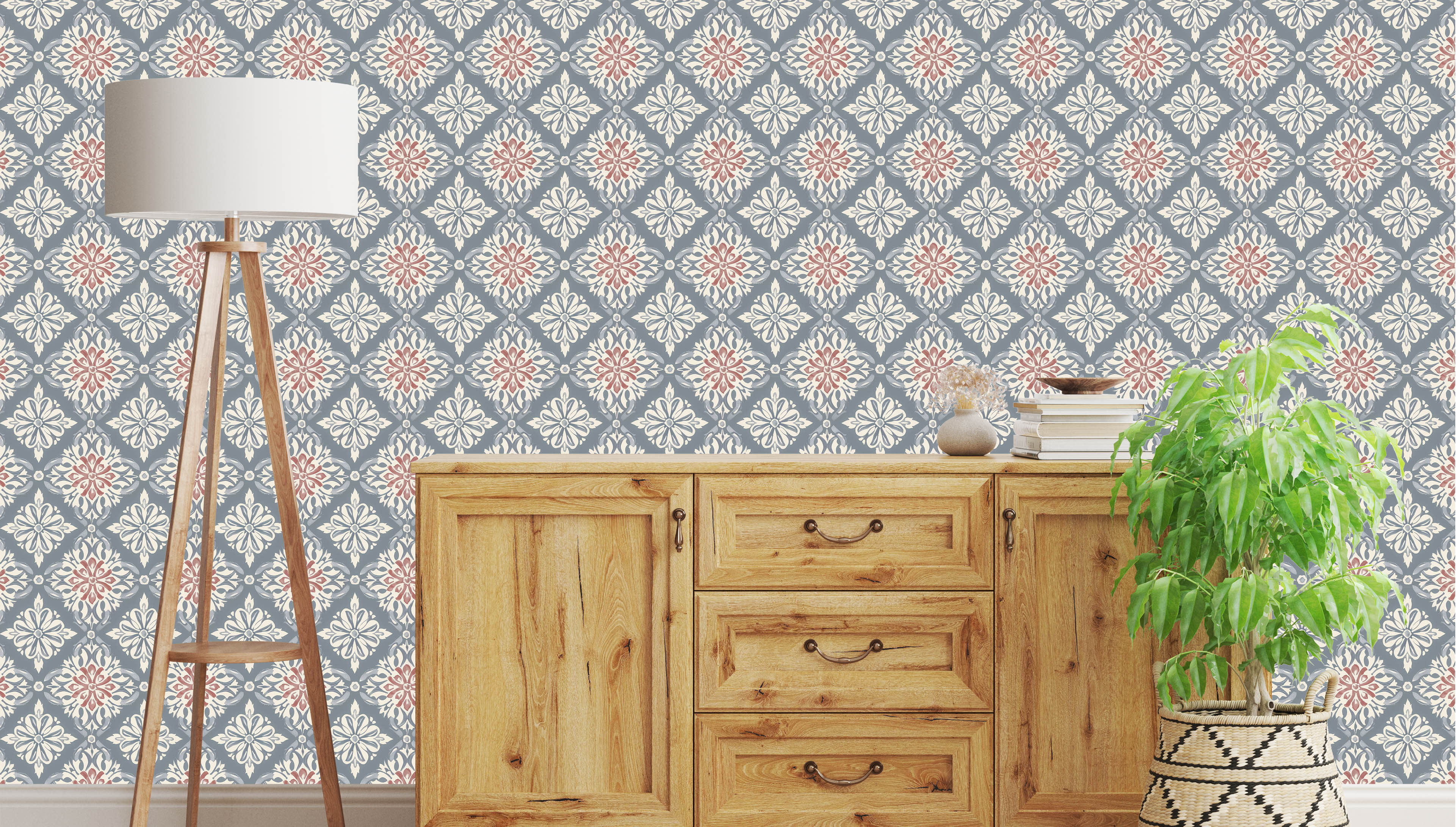 Marielund - Blå-rosa - Klassisk medaljongmönstrad tapet med tidlös elegans