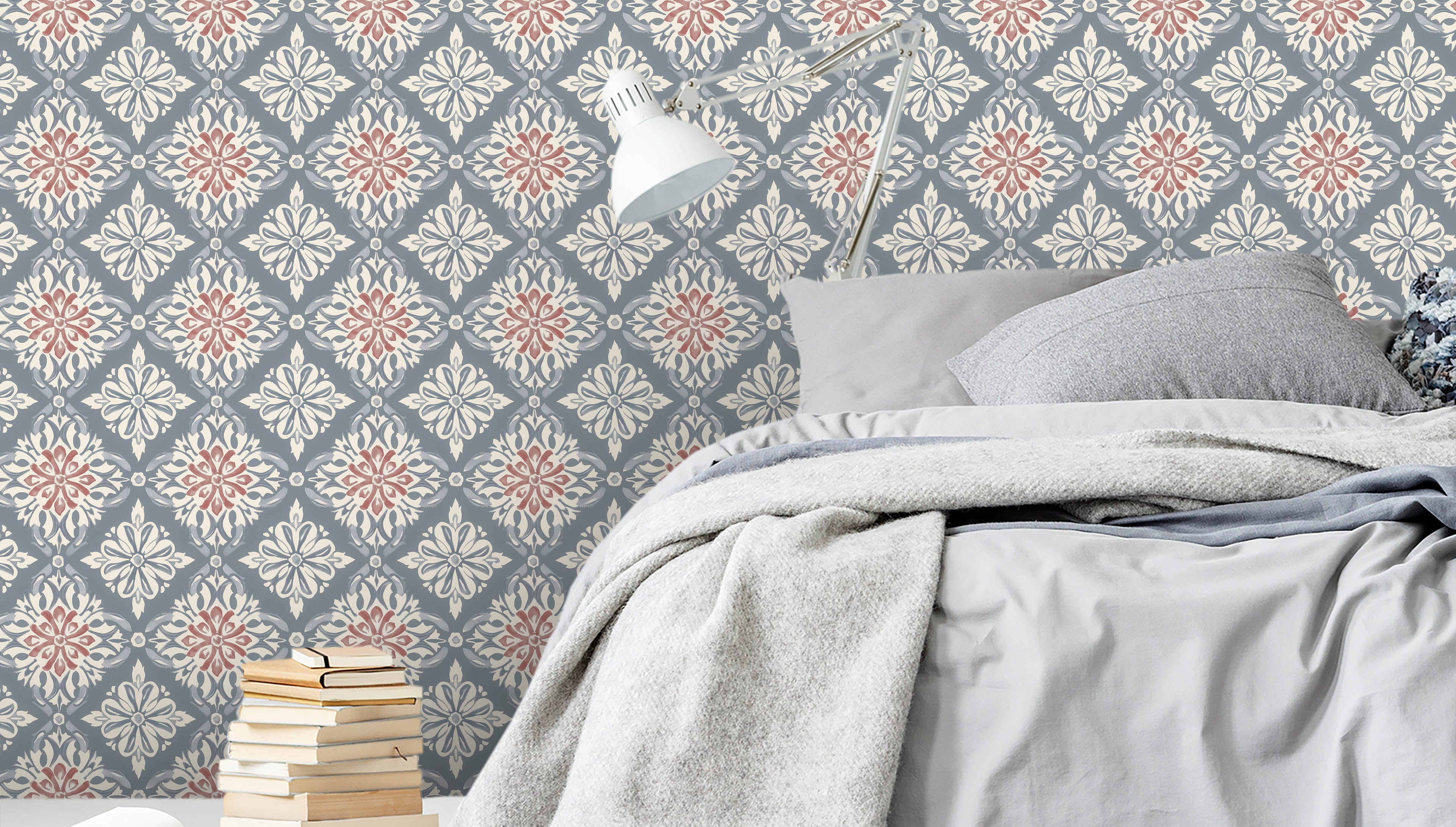 Marielund - Blå-rosa - Klassisk medaljongmönstrad tapet med tidlös elegans
