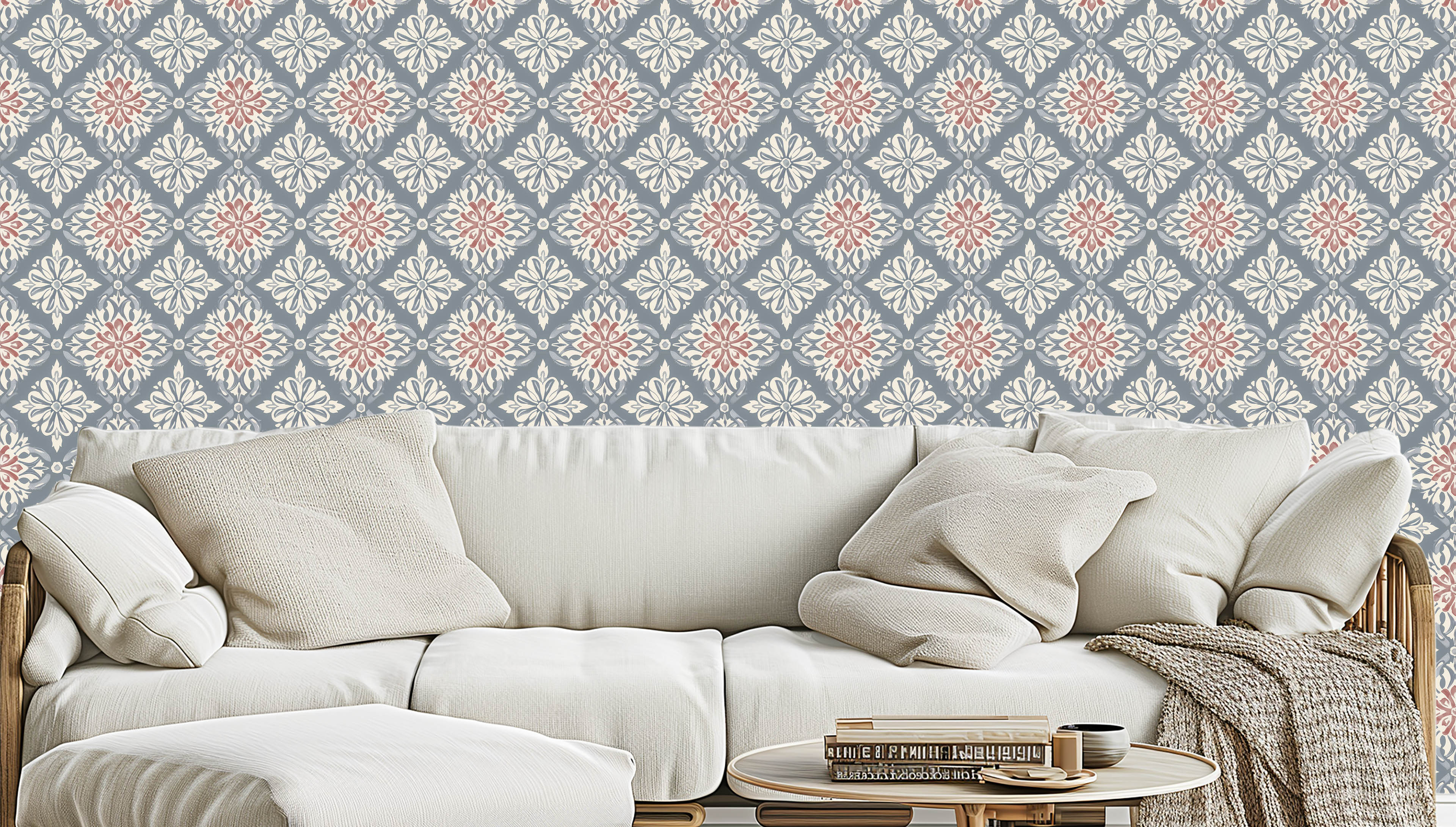 Marielund - Blå-rosa - Klassisk medaljongmönstrad tapet med tidlös elegans