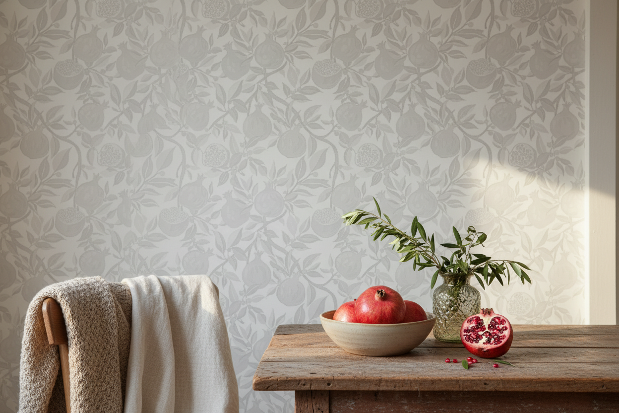 Reval Wallpaper Pomegranate Delight - Grå - Tapet med granatäpplen i grått – högkvalitativ tapet för en personlig och harm...