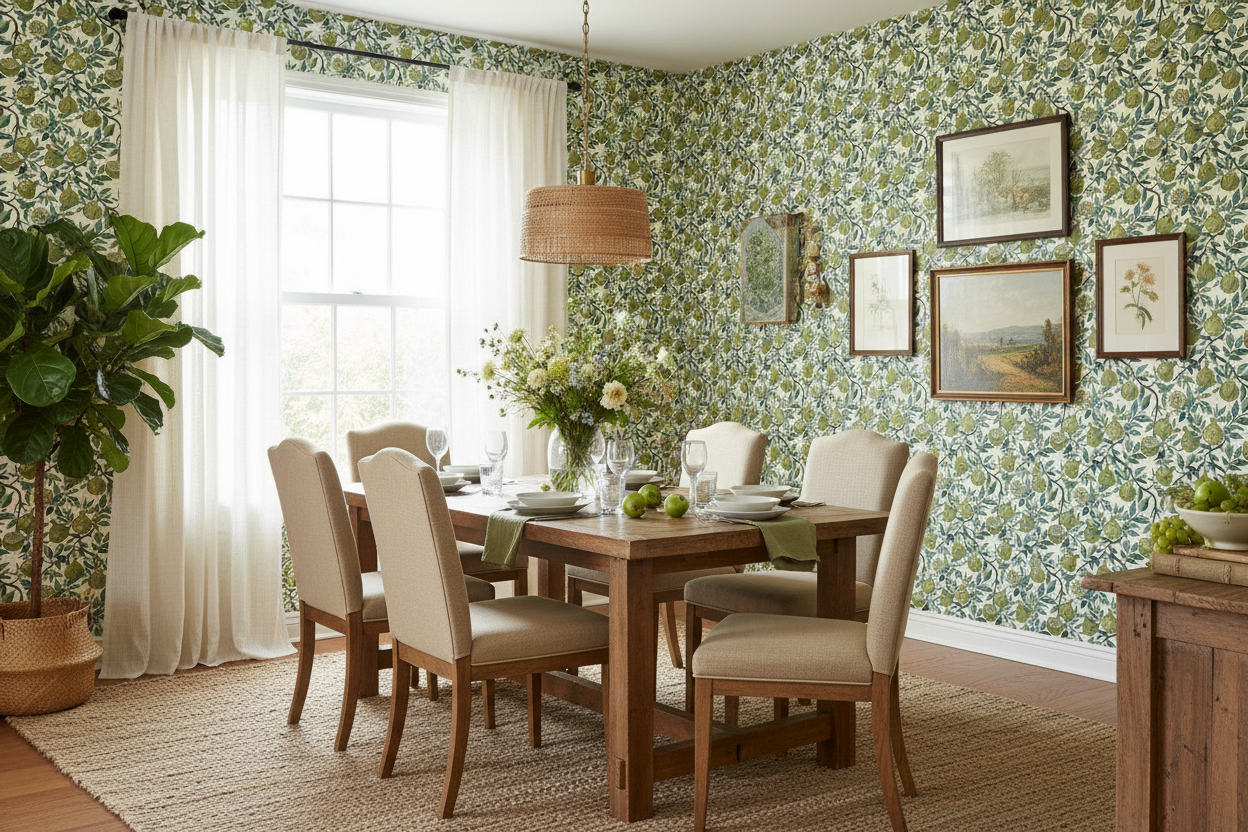 Reval Wallpaper Pomegranate Delight - Grön - Tapet med granatäpplen i grönt – högkvalitativ tapet för en personlig och har...