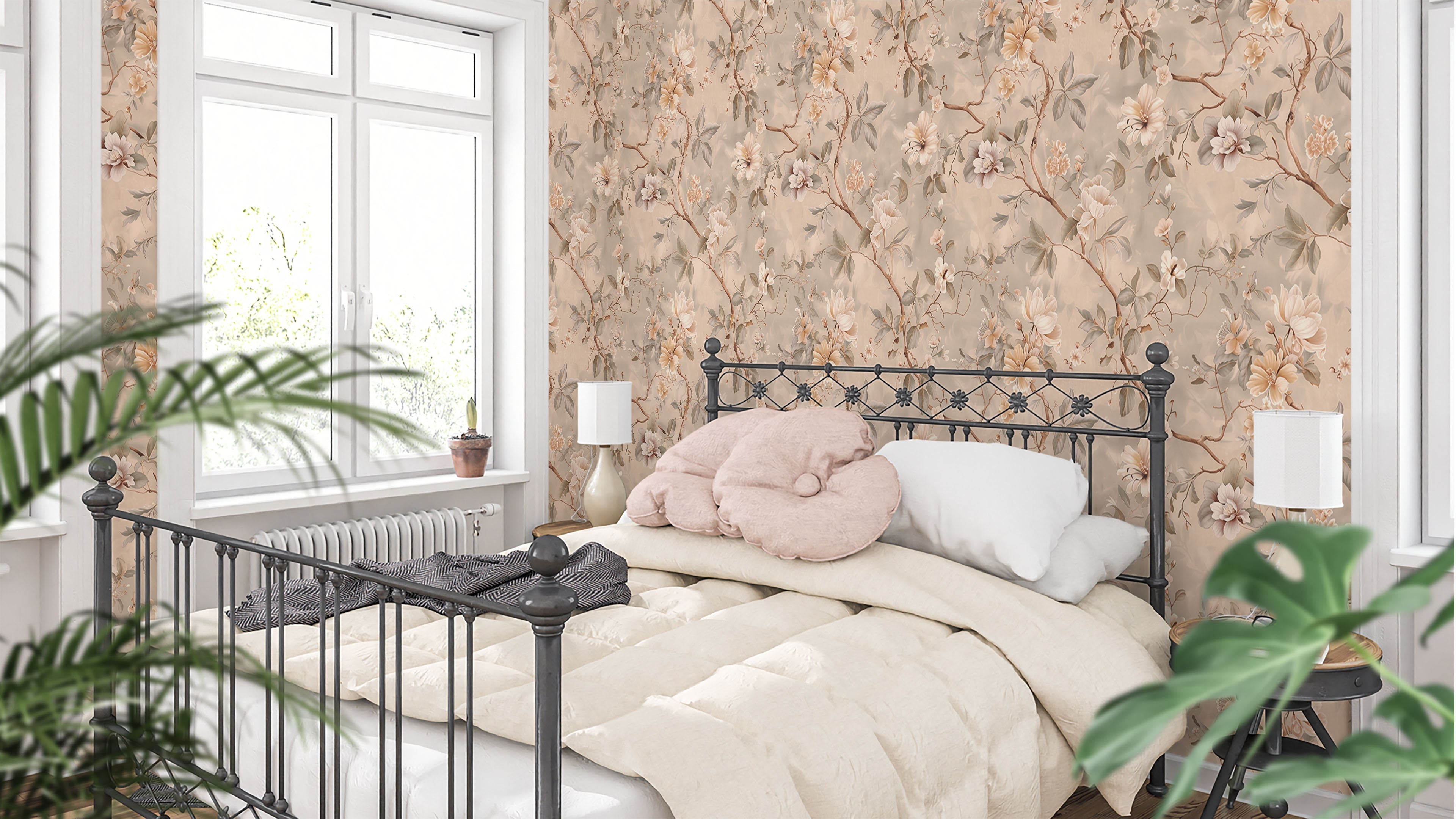 Asian Spring - Mankai, Elegant tapet med graciösa blommor i beige-bruna toner