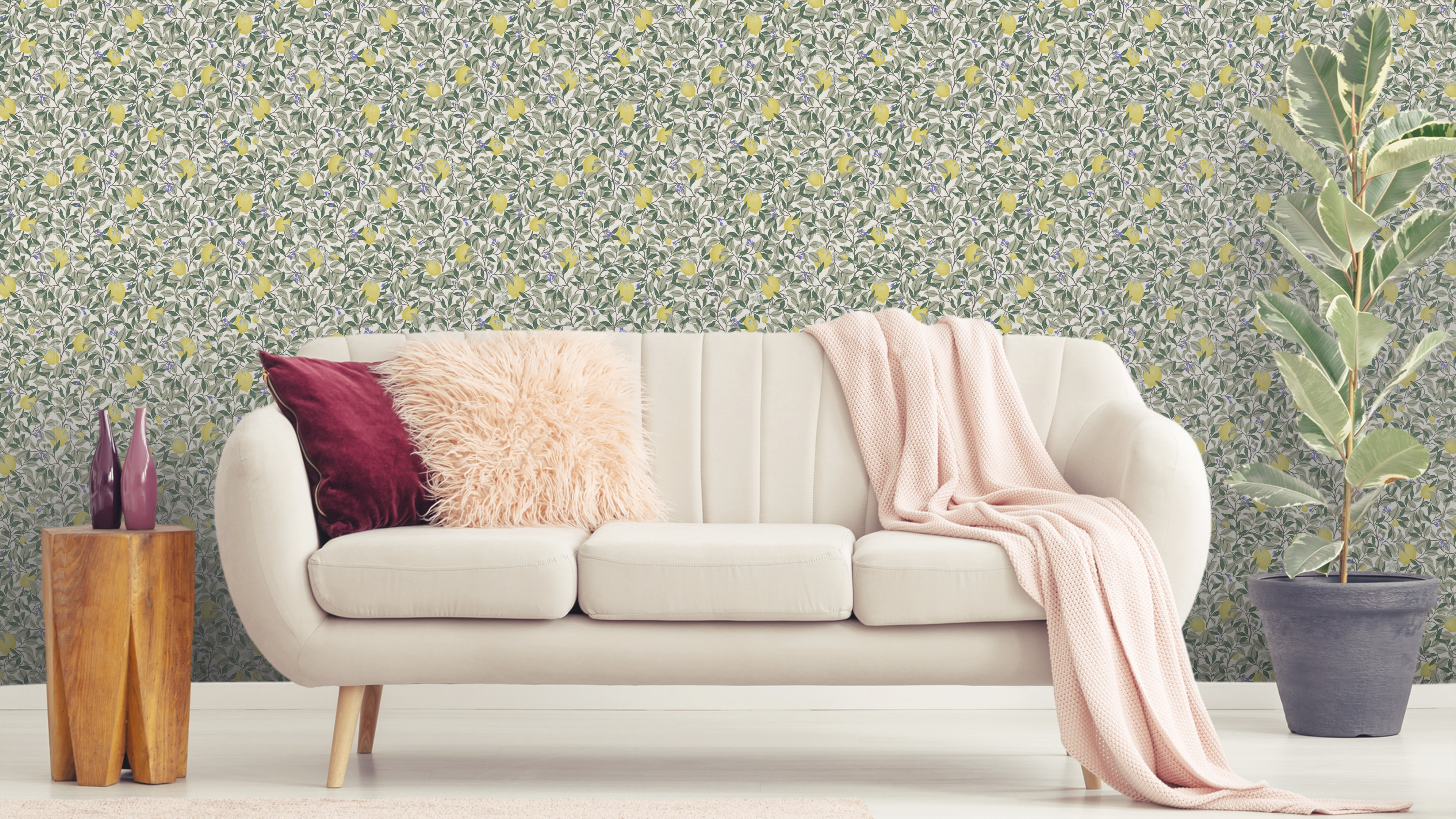 Lemongarden - Vit - Citronmönstrad tapet för medelhavskänsla