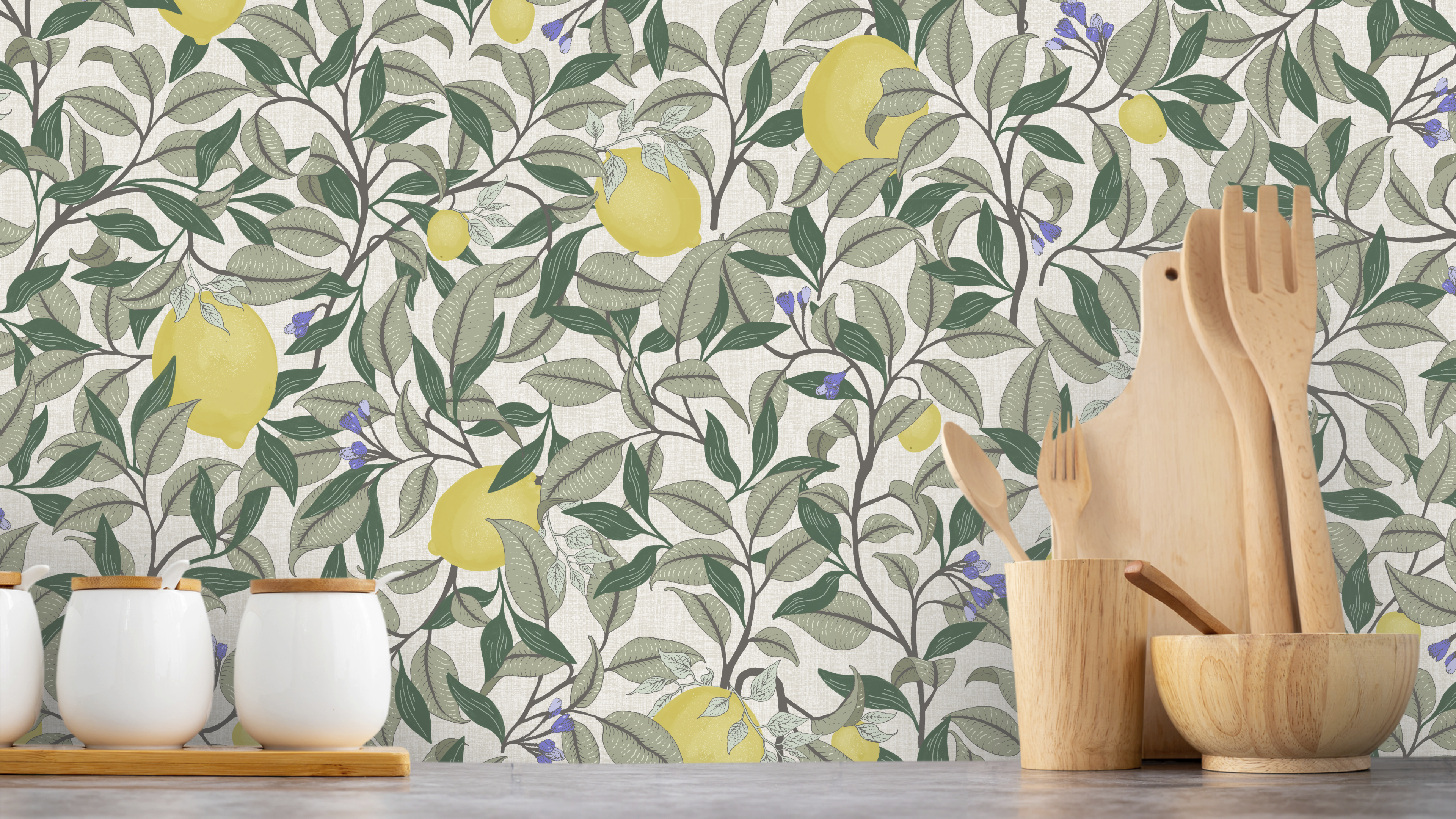 Lemongarden - Vit - Citronmönstrad tapet för medelhavskänsla