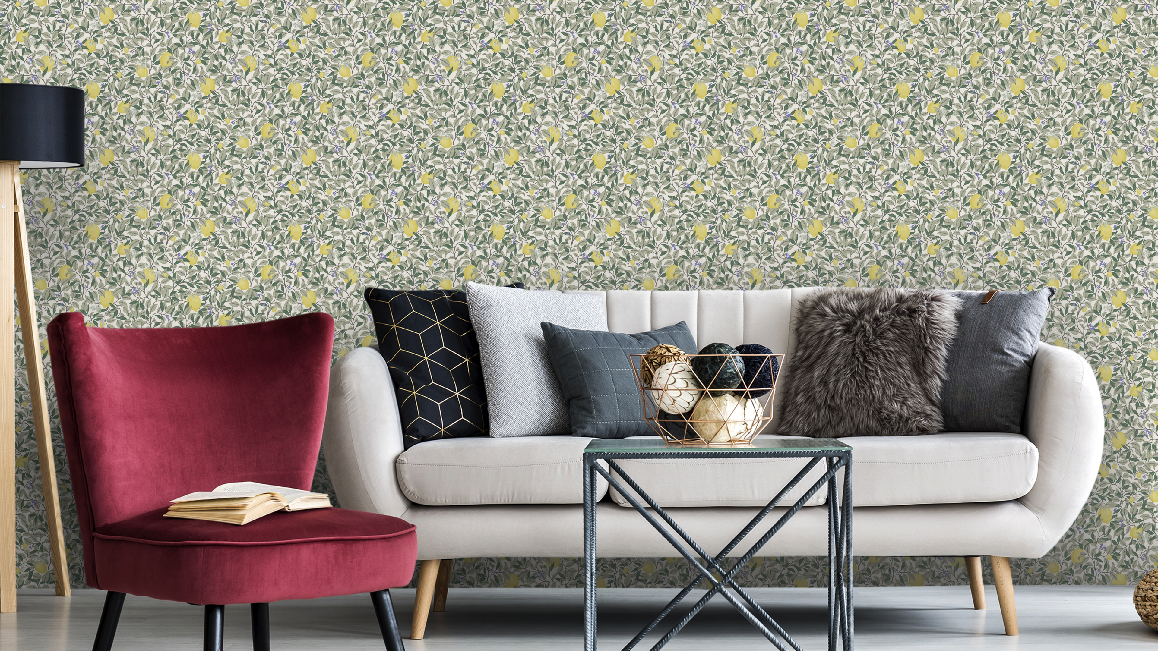 Lemongarden - Vit - Citronmönstrad tapet för medelhavskänsla