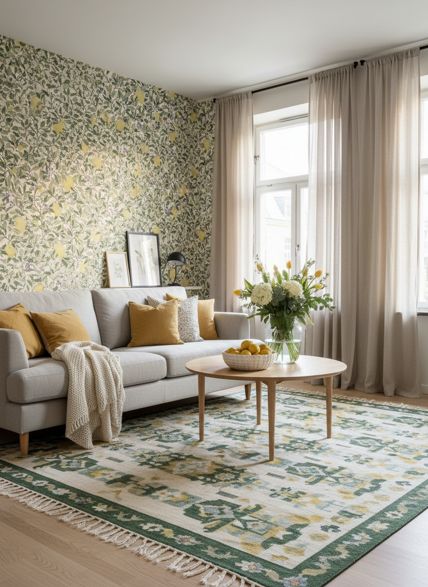 Lemongarden - Vit - Citronmönstrad tapet för medelhavskänsla