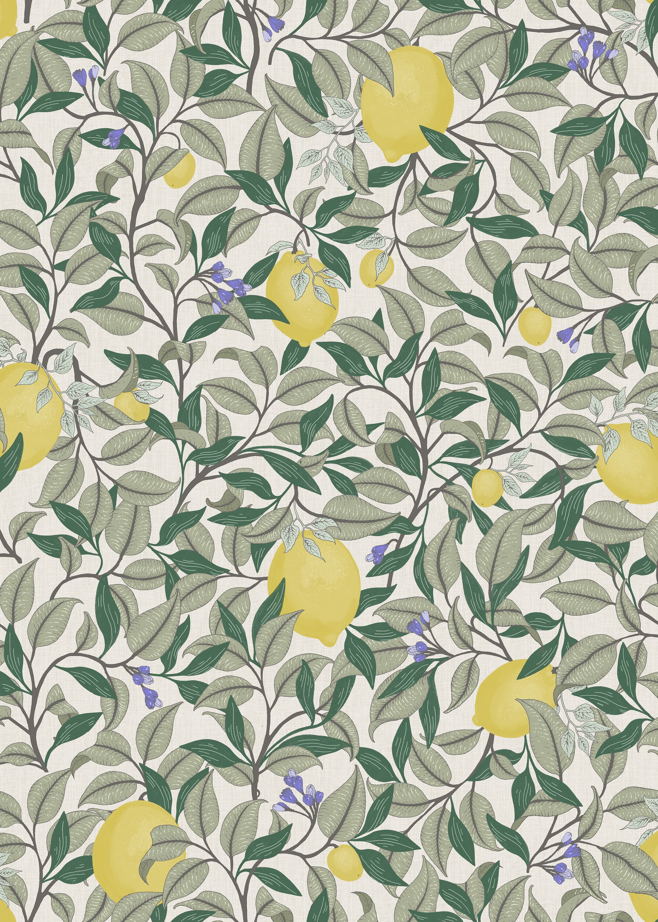 Lemongarden - Vit - Citronmönstrad tapet för medelhavskänsla