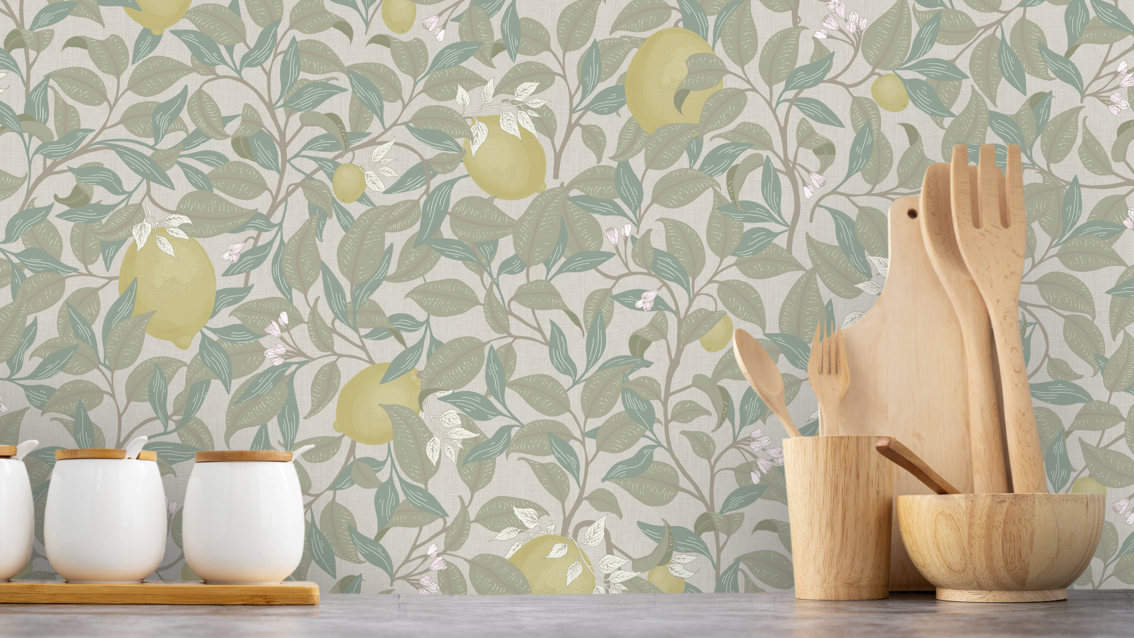 Lemongarden - Sand - Citronmönstrad tapet i ljusa sandfärger