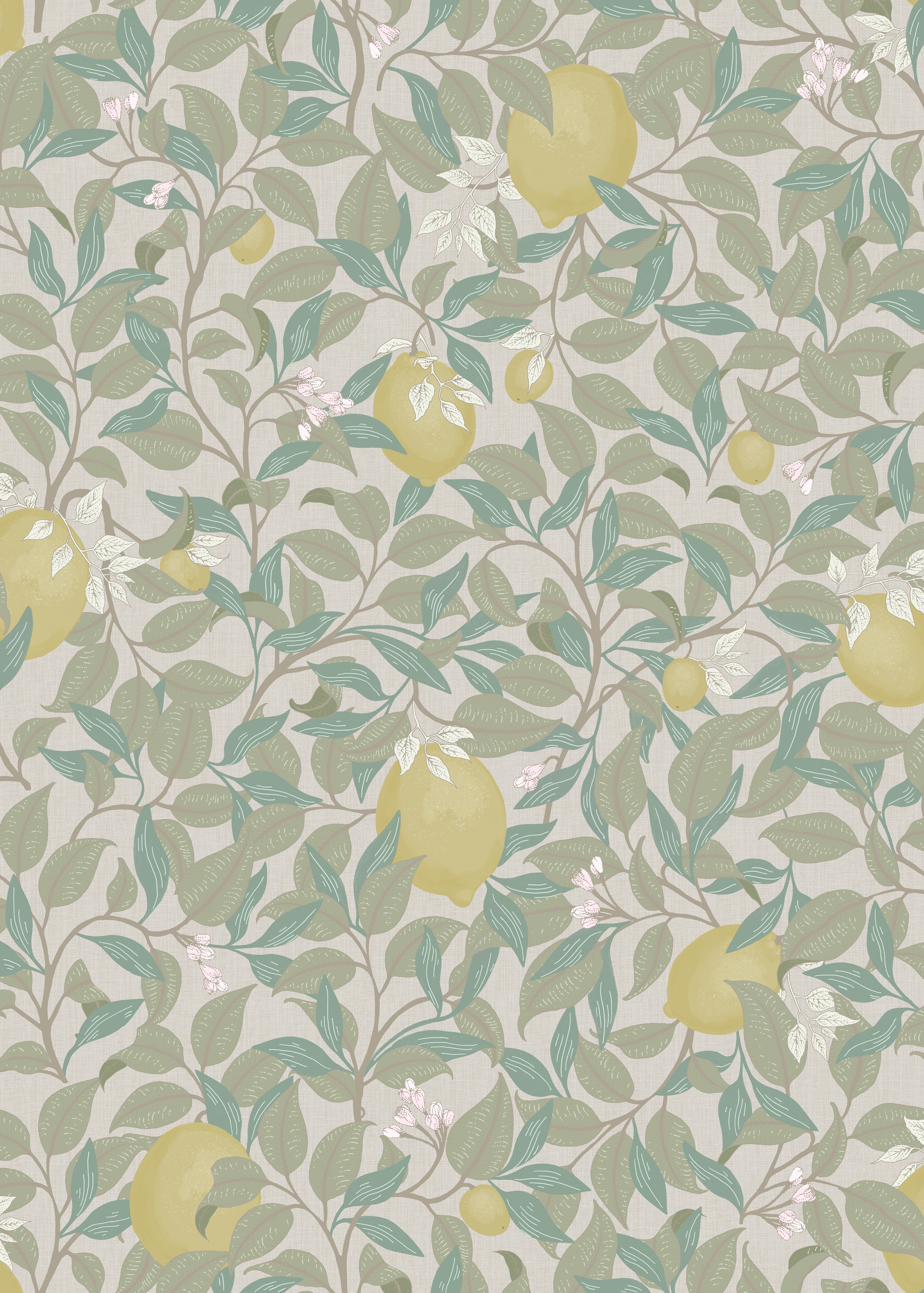 Lemongarden - Sand - Citronmönstrad tapet i ljusa sandfärger
