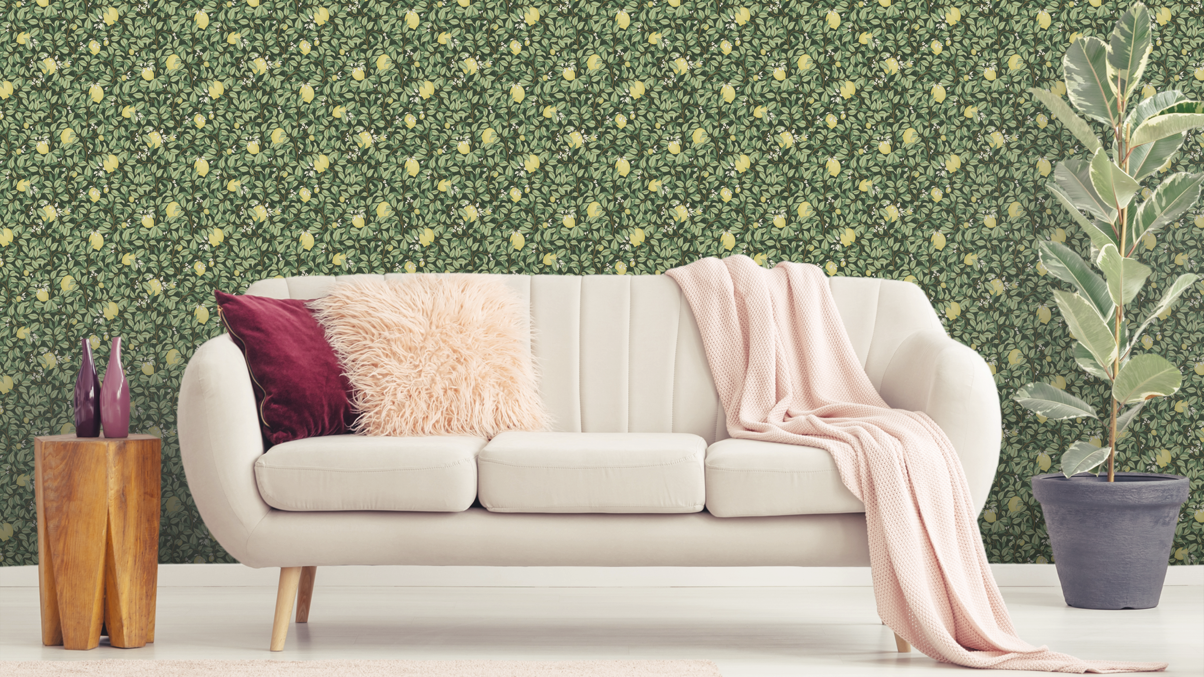 Lemongarden - Grön - Citronmönstrad tapet i gröna toner