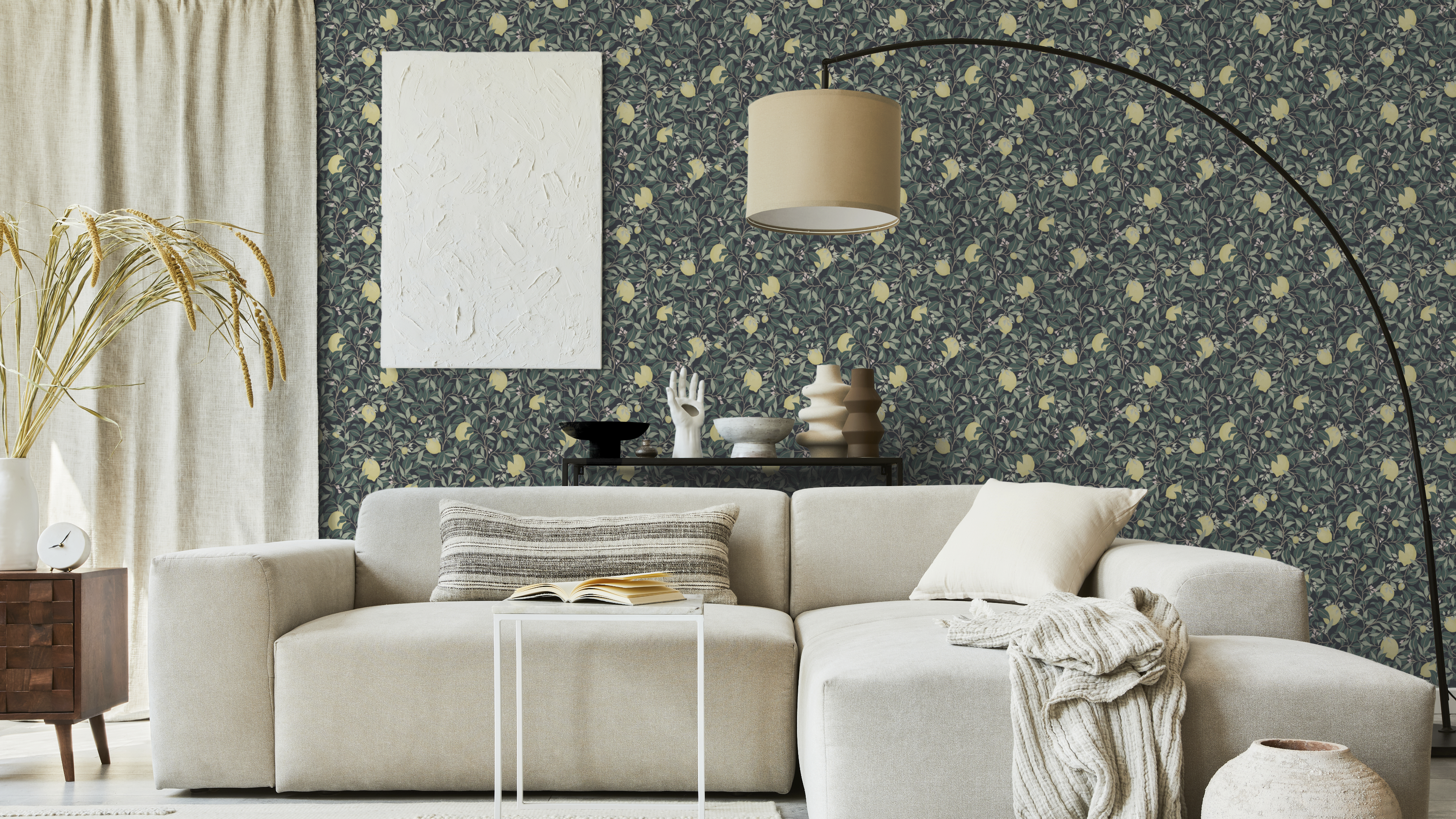 Lemongarden - Blågrön - Citronmönstrad tapet i blågröna toner