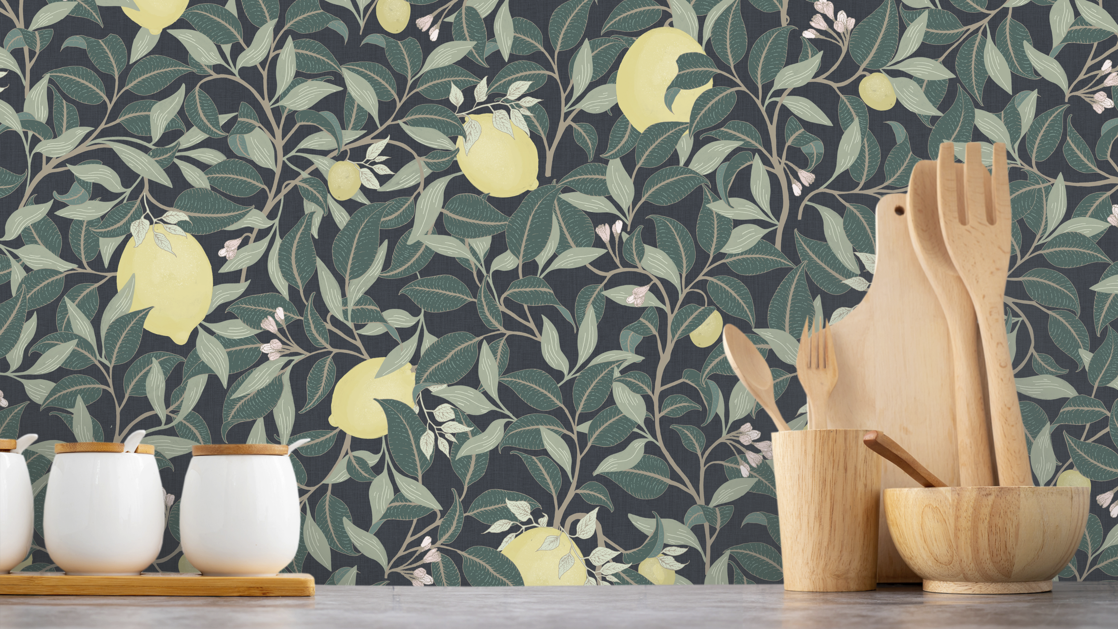 Lemongarden - Blågrön - Citronmönstrad tapet i blågröna toner