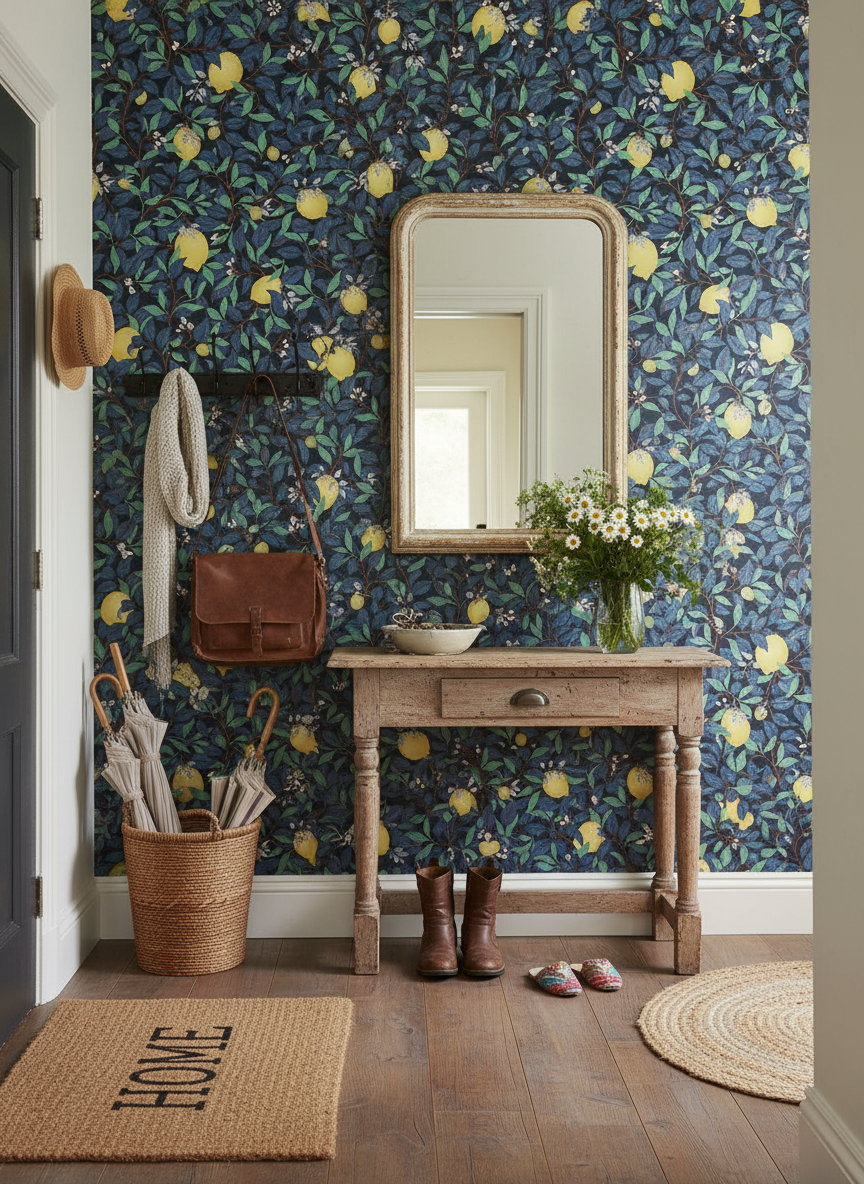 Lemongarden - Blåblå - Citronmönstrad tapet i blå toner