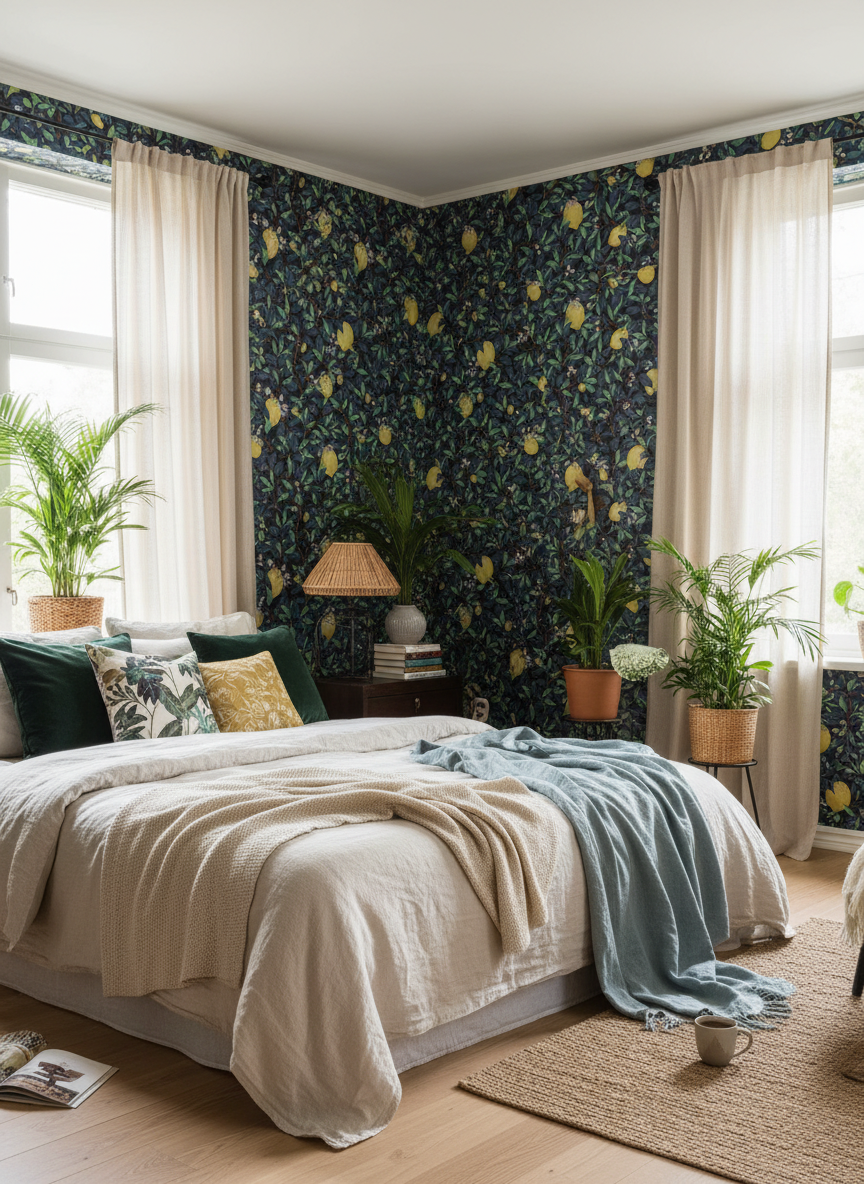 Lemongarden - Blåblå - Citronmönstrad tapet i blå toner