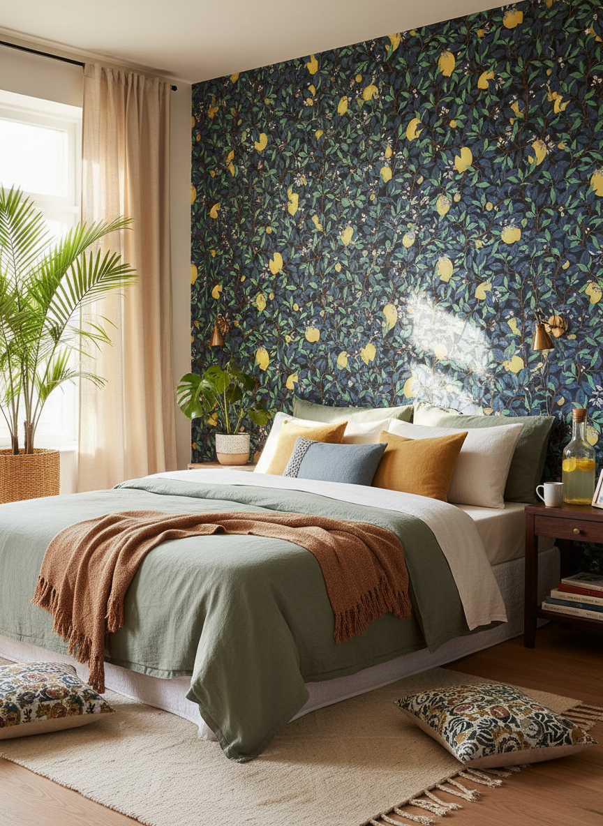 Lemongarden - Blåblå - Citronmönstrad tapet i blå toner