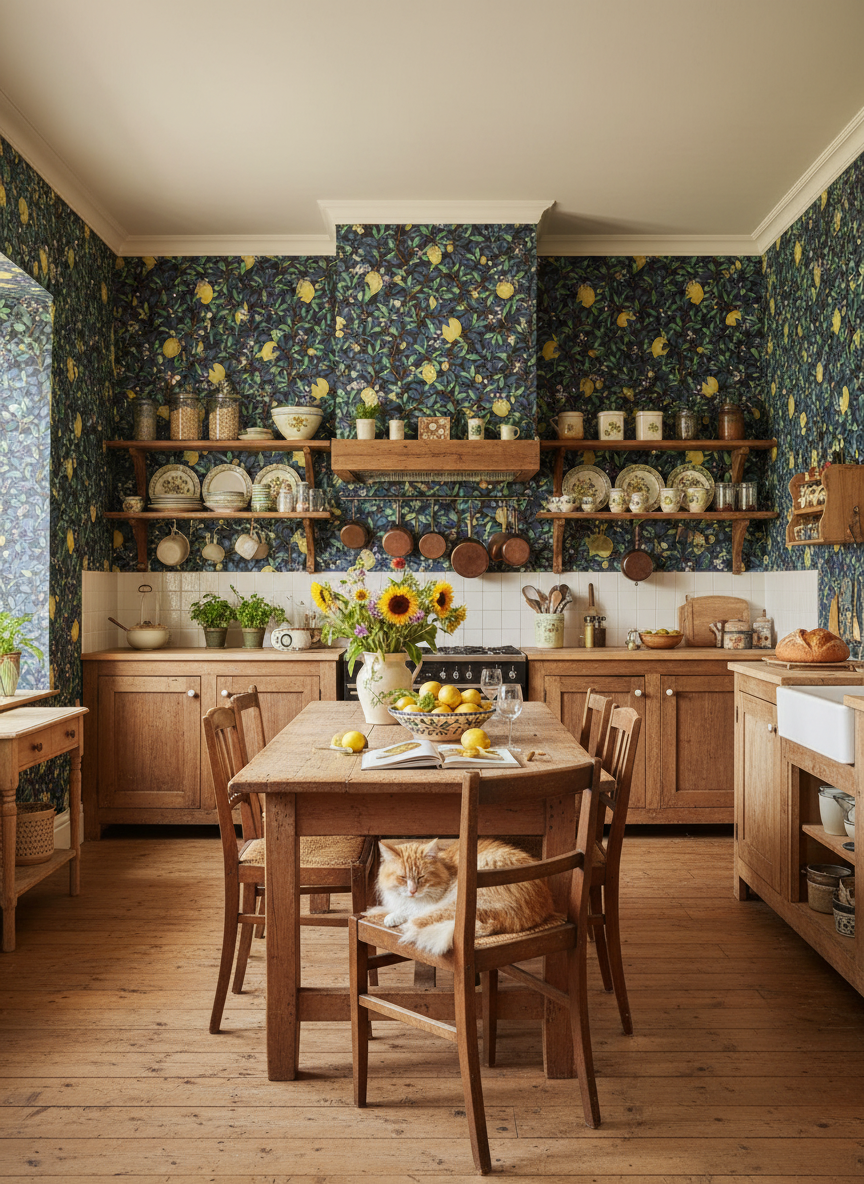 Lemongarden - Blåblå - Citronmönstrad tapet i blå toner