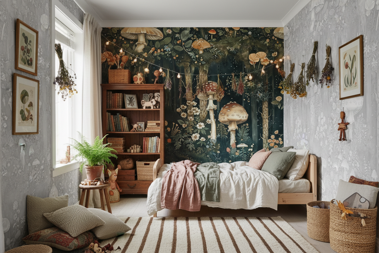 Svampskog - Horisontell - Grå - Magisk skogsvägg inspirerad av John Bauer